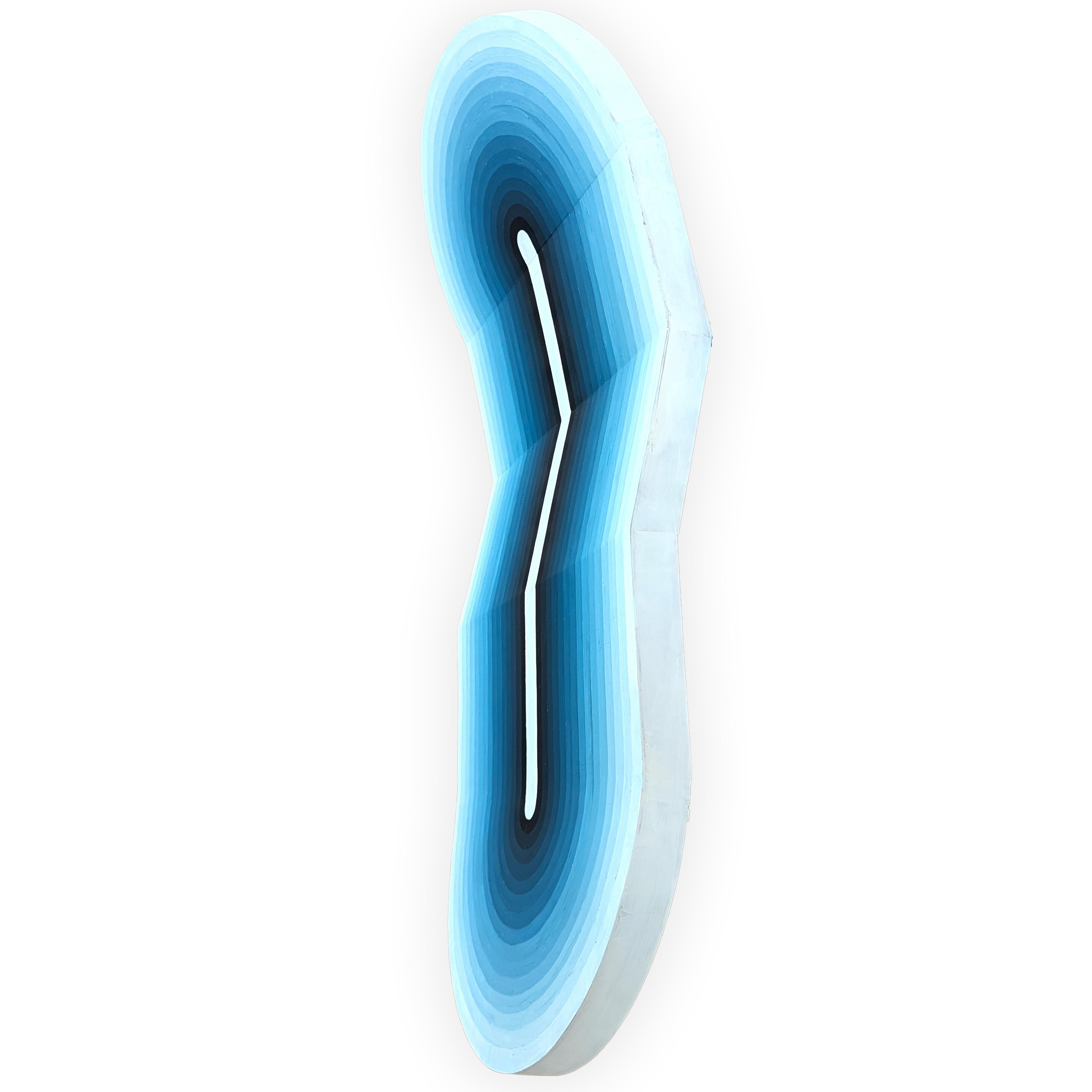 Quadro astratto contemporaneo blu e bianco a forma di ombre concentriche dell'artista David Hardaker di Houston, TX. L'opera è caratterizzata da curve a tre dimensioni che si staccano dalla parete. Firmato, intitolato e datato dall'artista sul