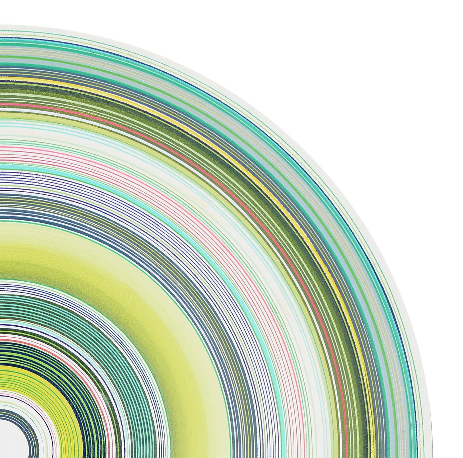 Colorful abstract contemporary circular painting by Houston, TX artist, David Hardaker. This painting features various rings of light green, blue, and light pink with a gold lining around the edge of the canvas. Signed and titled by the artist at