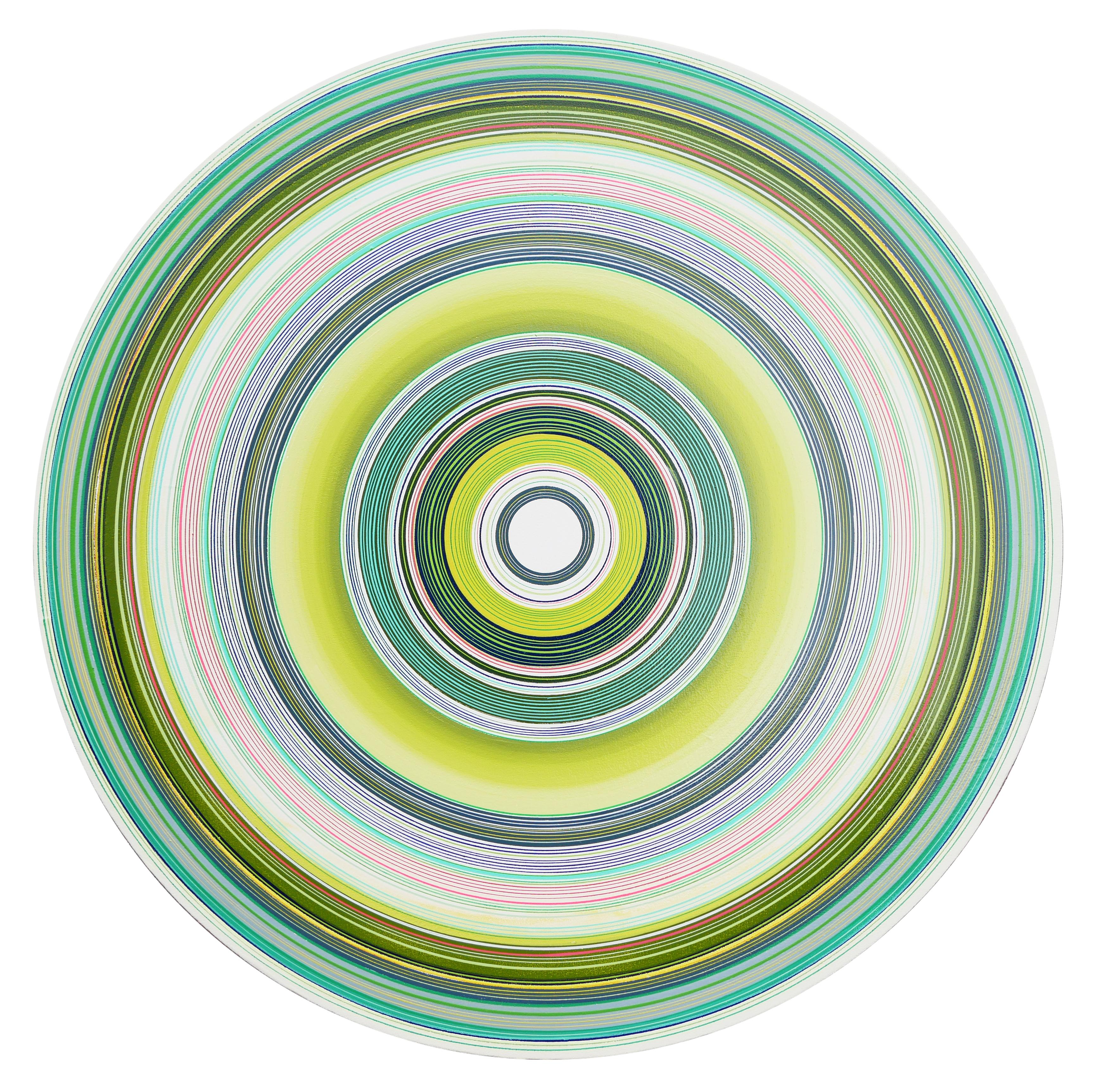 David Hardaker Abstract Painting - "Harmonic Generator" Green Toned Circular Painting with Gold Accent Lining