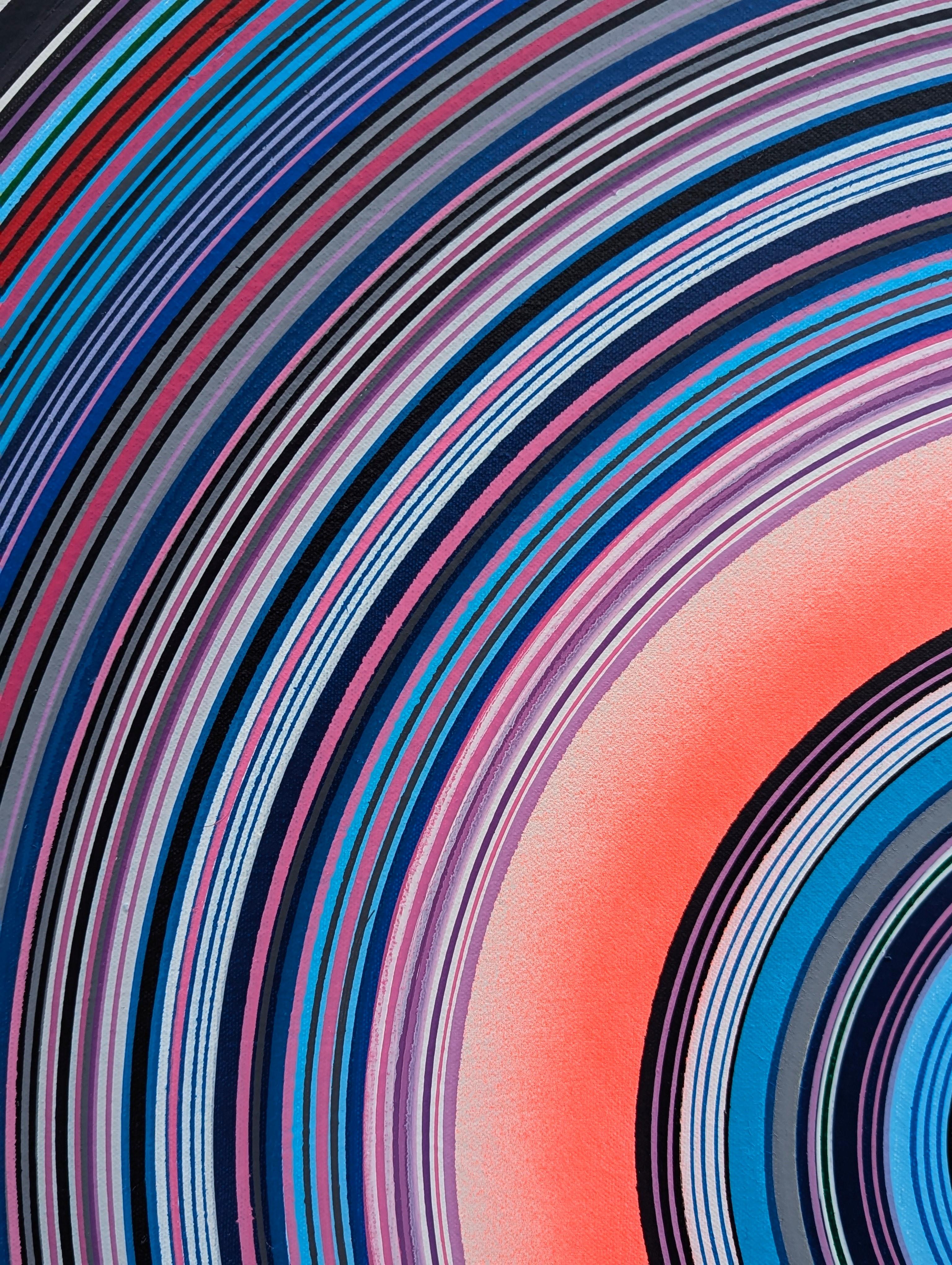 Peinture circulaire abstraite contemporaine bleue et rouge de l'artiste David Hardaker de Houston, TX. Signé, titré et daté par l'artiste au verso. 

Déclaration de l'artiste : L'œuvre est une réponse à la musique.

L'application de la texture et