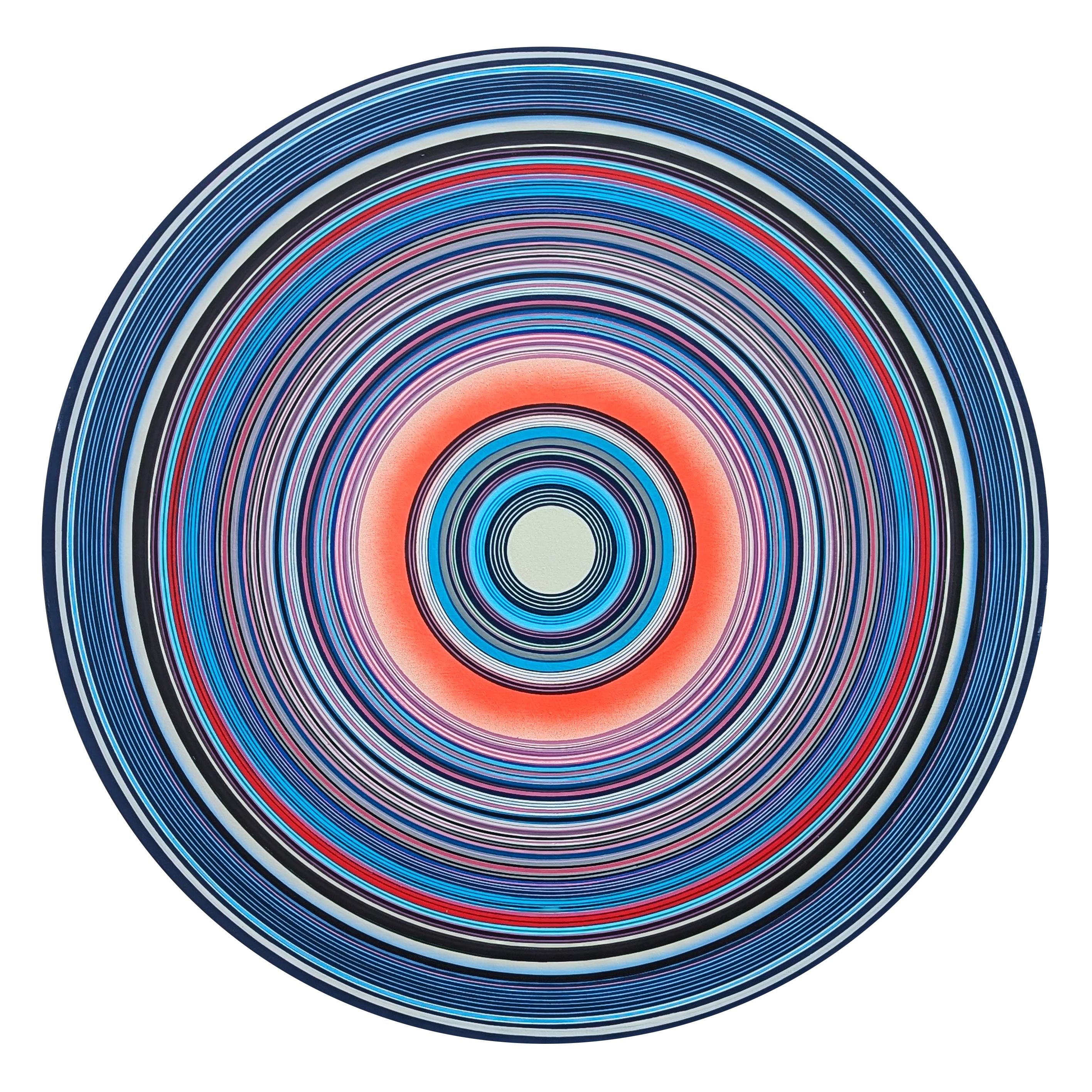 "Hertz" Pittura astratta contemporanea a cerchi concentrici blu e rossi