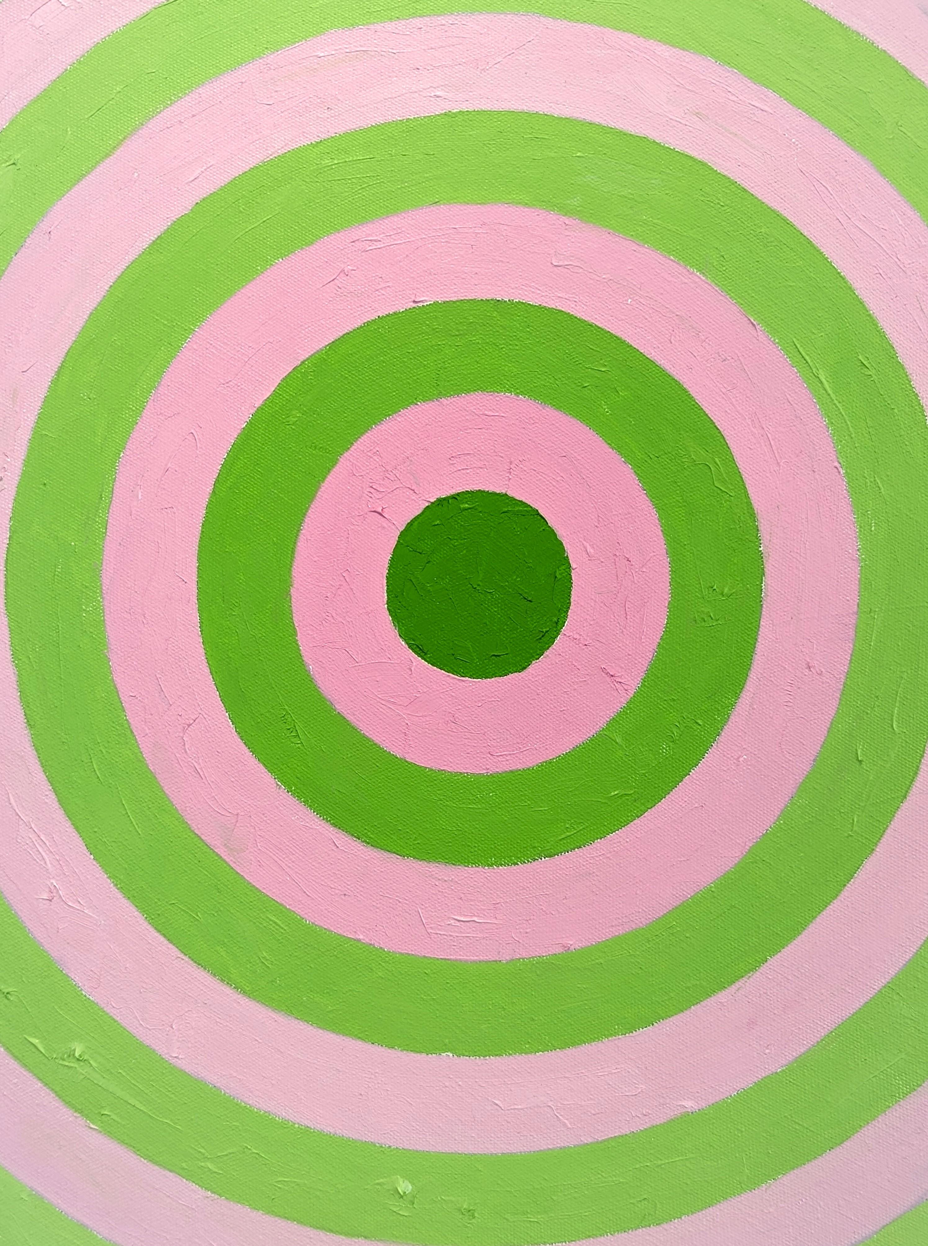 Pink and green abstract contemporary circular painting by Houston, TX artist David Hardaker. Signed, titled, and dated by the artist on the reverse. 

Artist Statement: The work is a response to music.

The application of texture and the act of