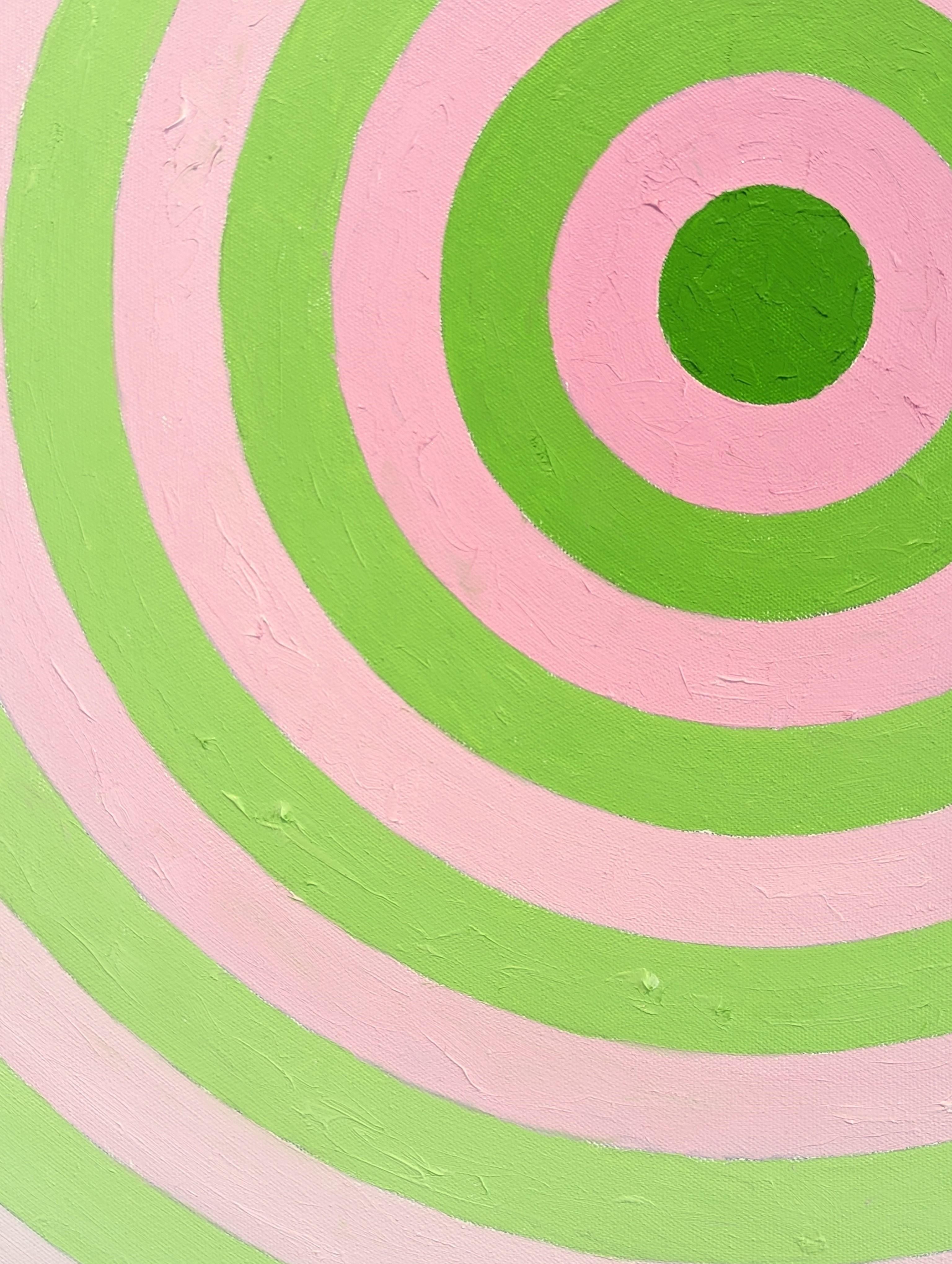 Peinture circulaire contemporaine abstraite rose et verte de l'artiste David Hardaker de Houston, TX. Signé, titré et daté par l'artiste au verso. 

Déclaration de l'artiste : L'œuvre est une réponse à la musique.

L'application de la texture et