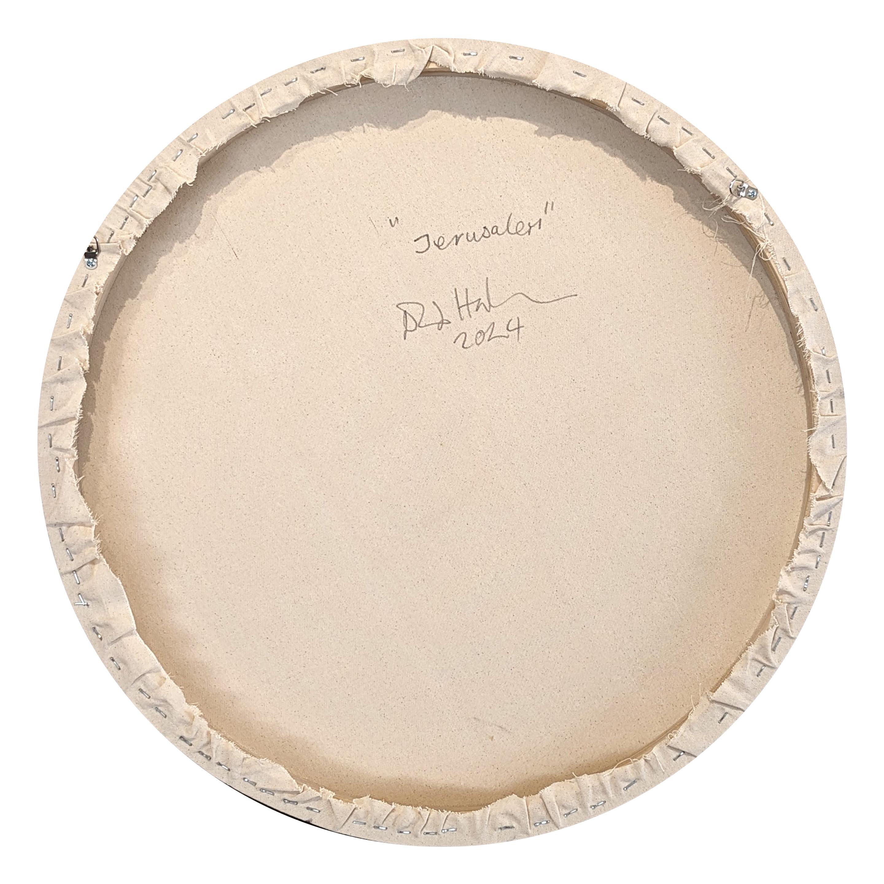 Peinture circulaire contemporaine abstraite rose et verte de l'artiste David Hardaker de Houston, TX. Signé, titré et daté par l'artiste au verso. 

Déclaration de l'artiste : L'œuvre est une réponse à la musique.

L'application de la texture et