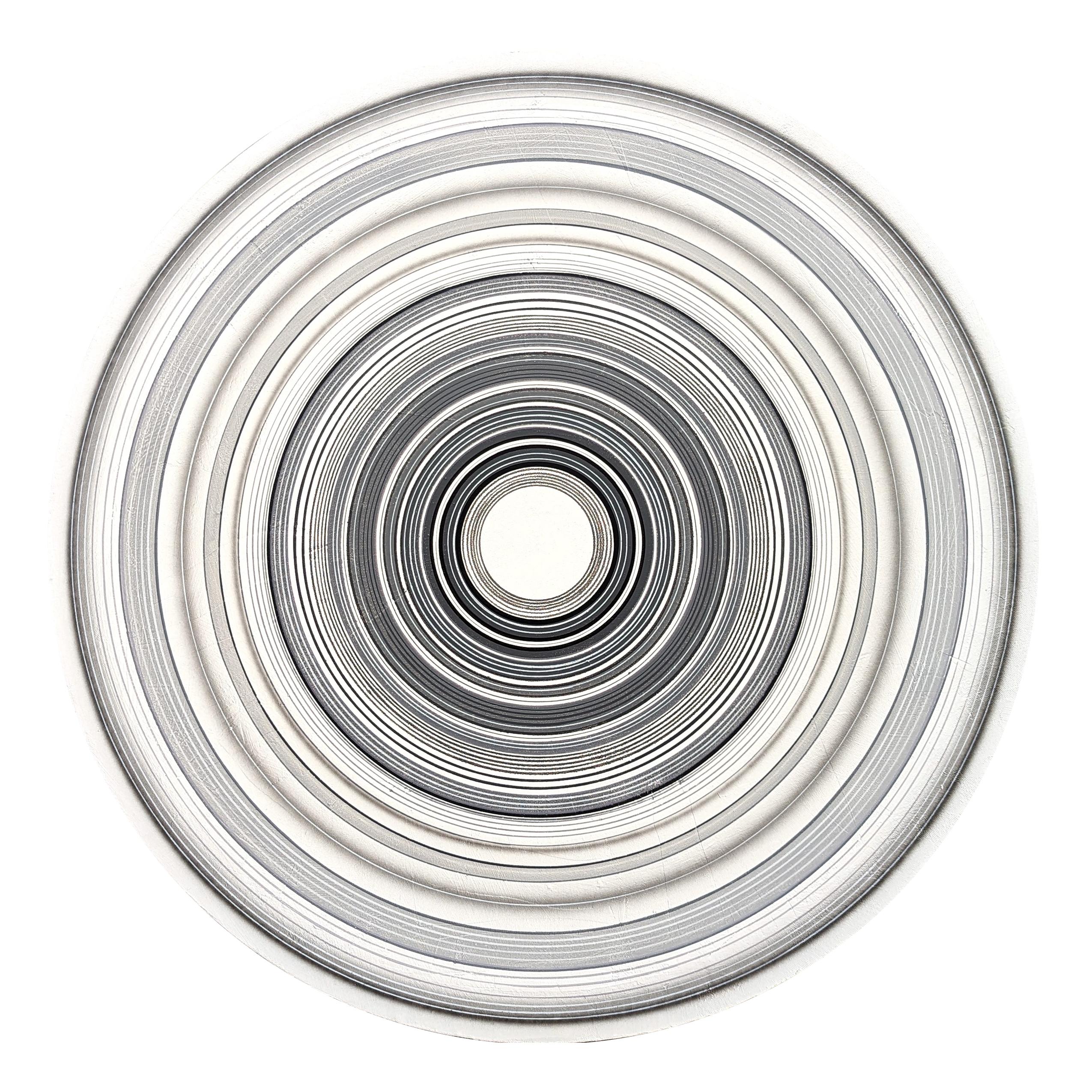 "Kool Thing" Peinture abstraite contemporaine de cercles concentriques gris et blancs