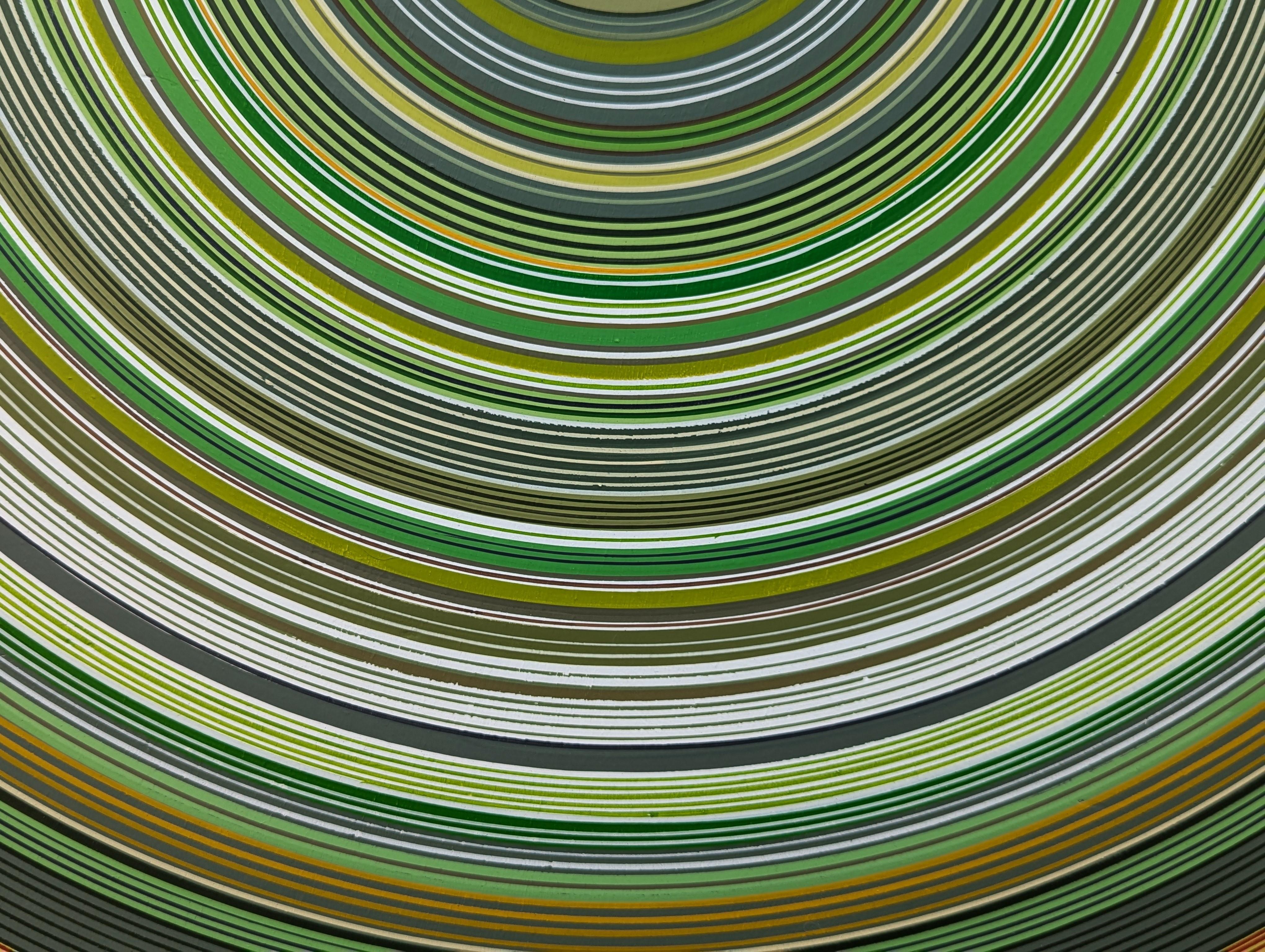 Quadro circolare astratto verde e giallo dell'artista David Hardaker di Houston, TX. Firmato, intitolato e datato dall'artista sul retro. 

Dichiarazione dell'artista: L'opera è una risposta alla musica.

L'applicazione della texture e l'atto di