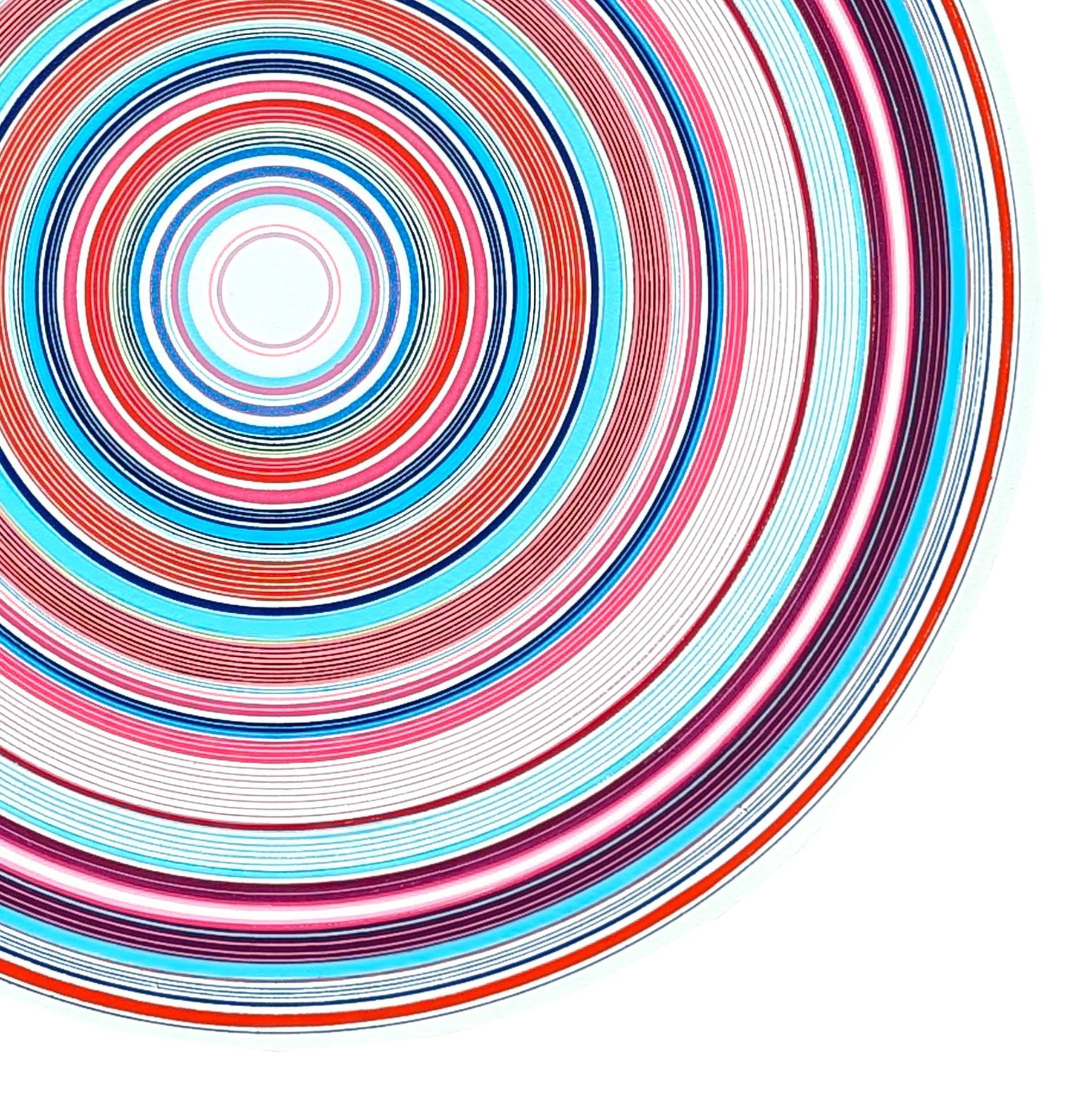 “Midnight Sun” Contemporary Pink, Blue, and Red Concentric Circle Painting 1