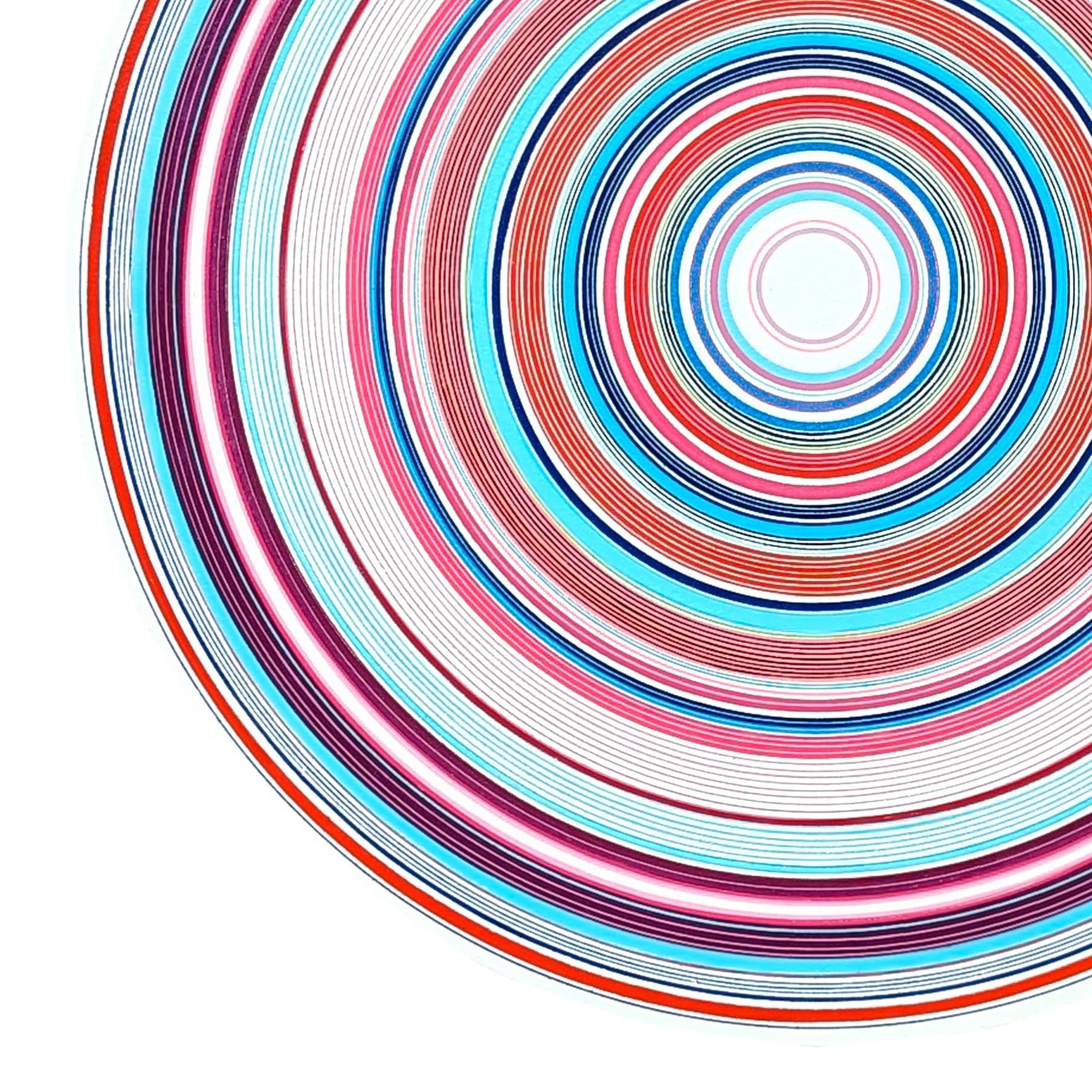 “Midnight Sun” Contemporary Pink, Blue, and Red Concentric Circle Painting 2