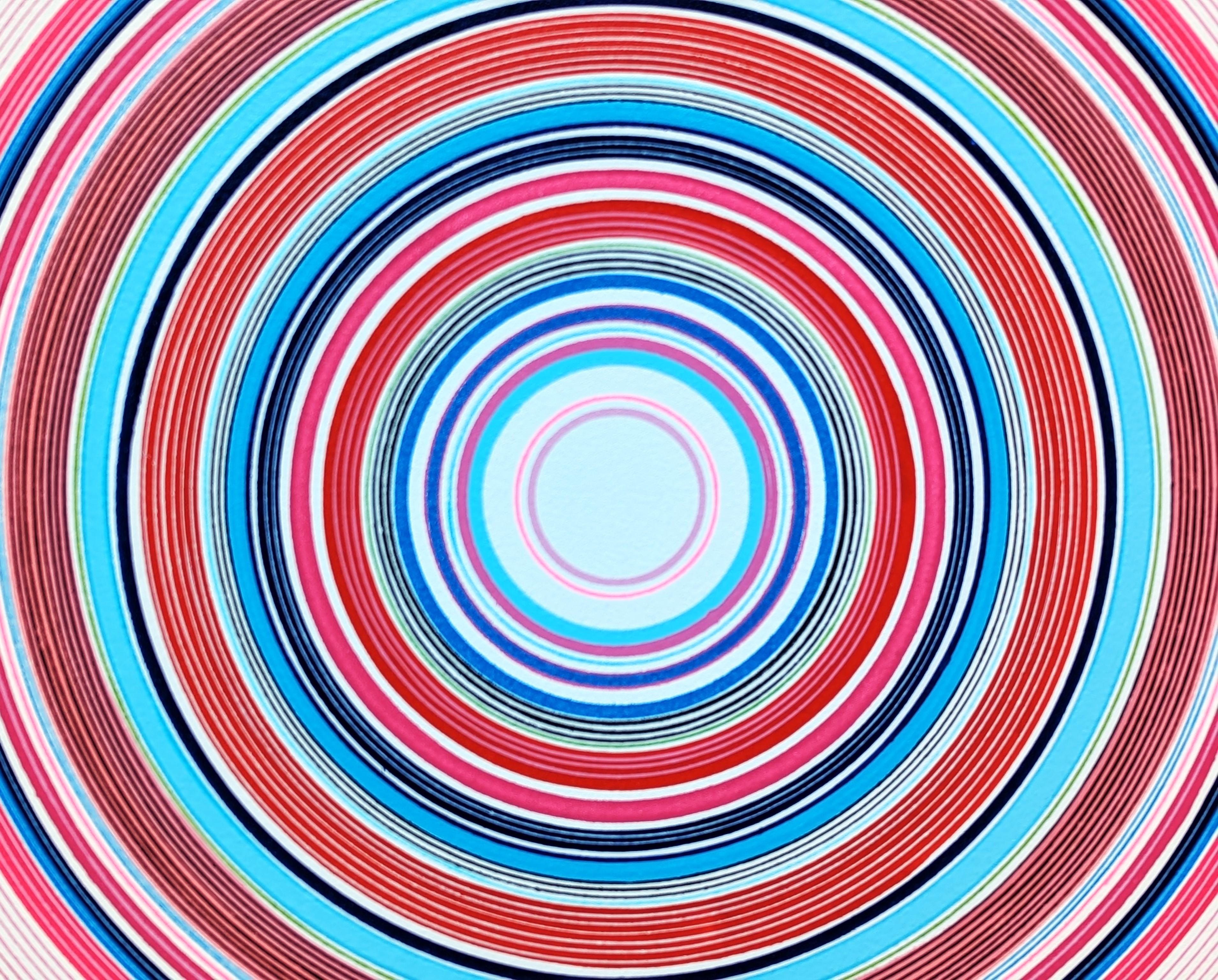 “Midnight Sun” Contemporary Pink, Blue, and Red Concentric Circle Painting 3