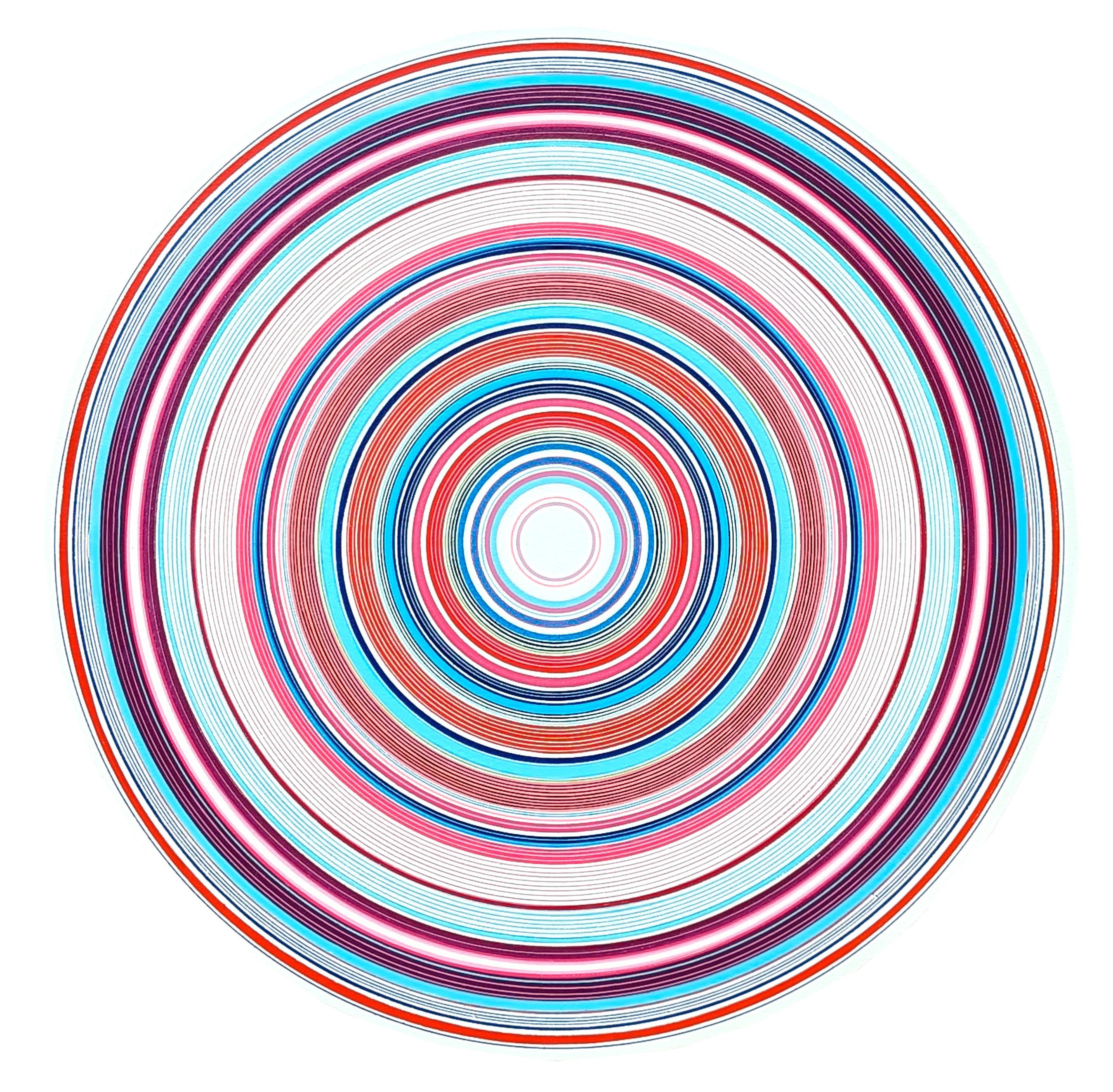 David Hardaker Abstract Painting - “Midnight Sun” Contemporary Pink, Blue, and Red Concentric Circle Painting