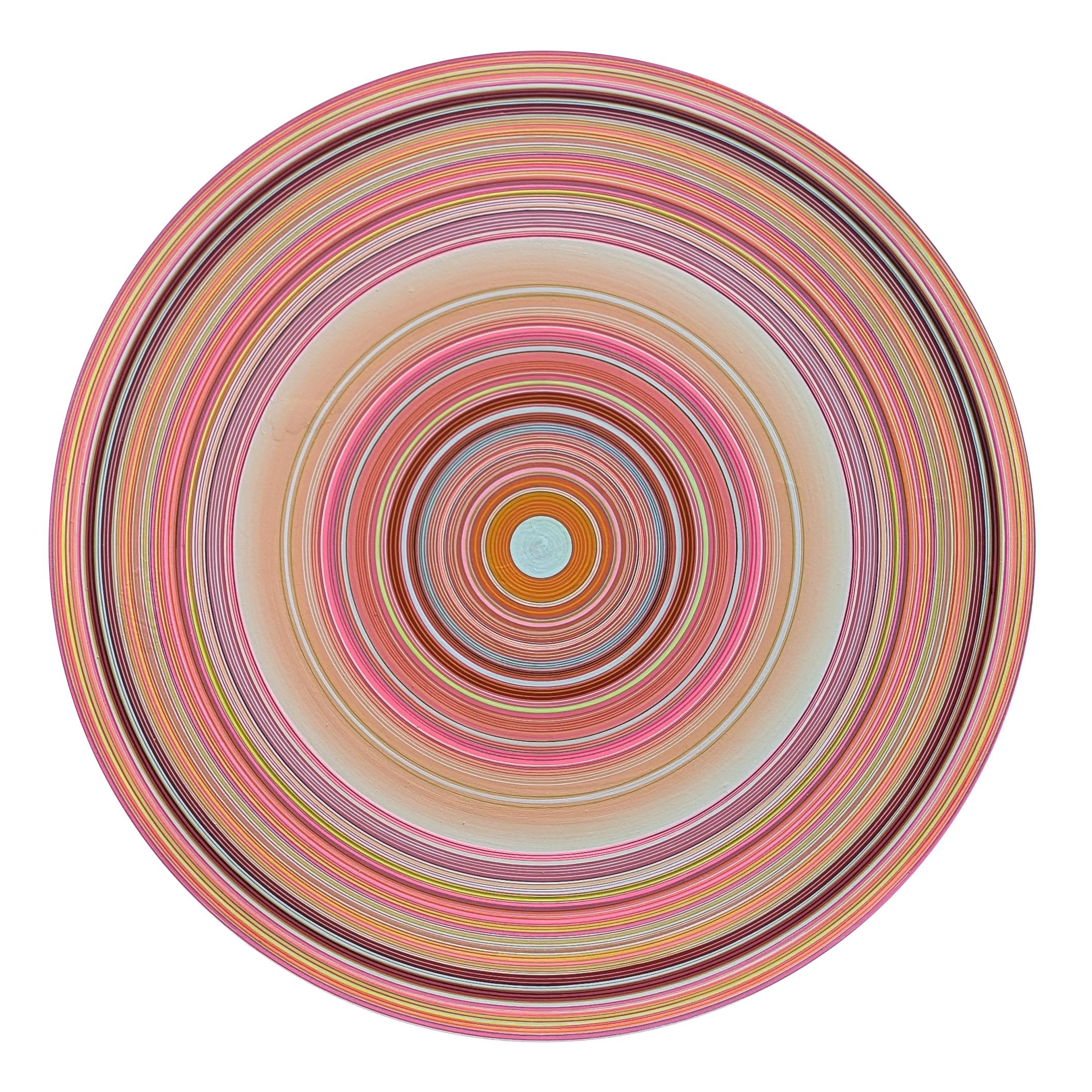 "N.Y." Peinture abstraite contemporaine de cercles concentriques roses et orange - Mixed Media Art de David Hardaker