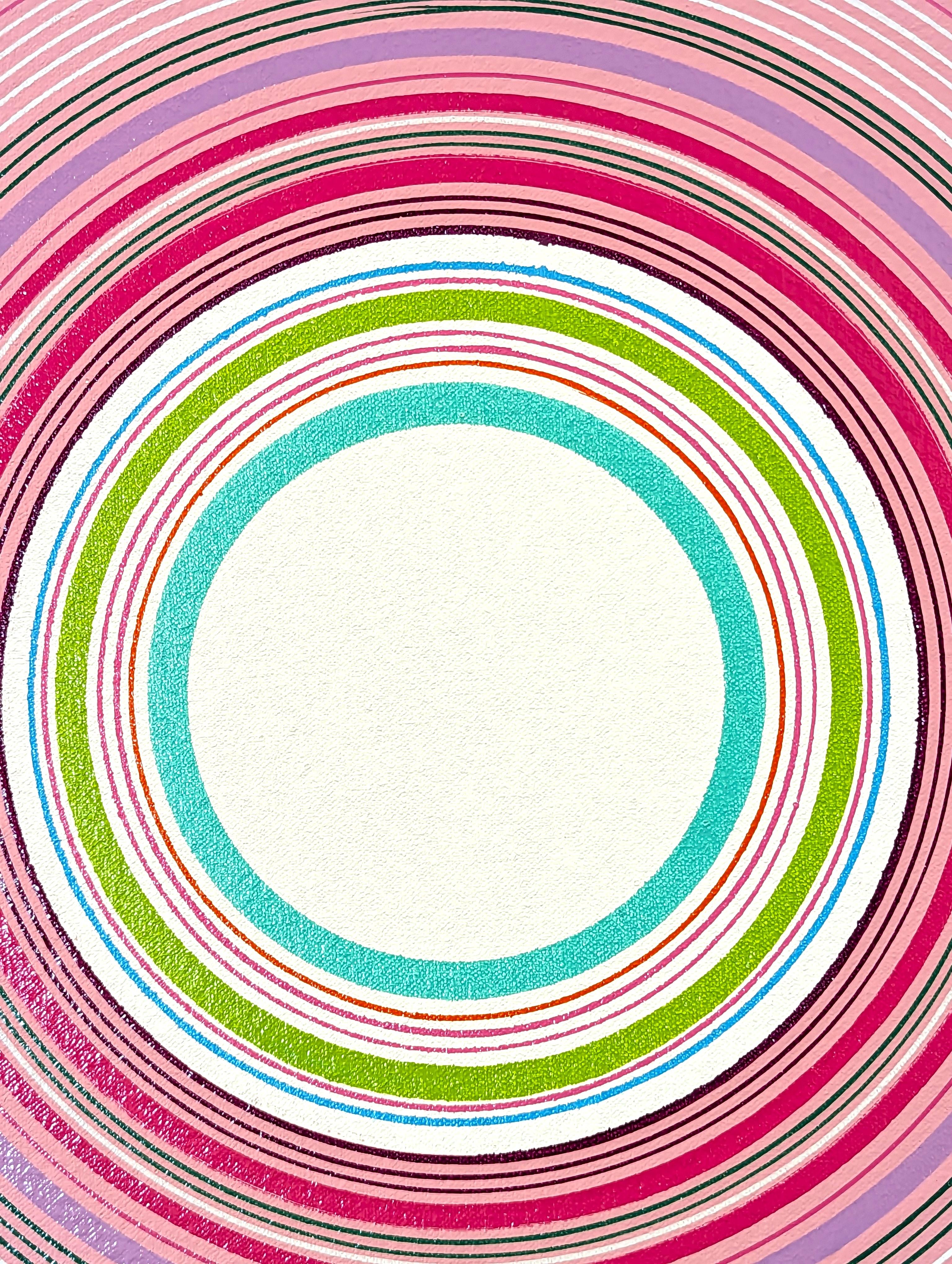 “OH!” Contemporary Green, Pink, and Yellow Concentric Circle Painting 5