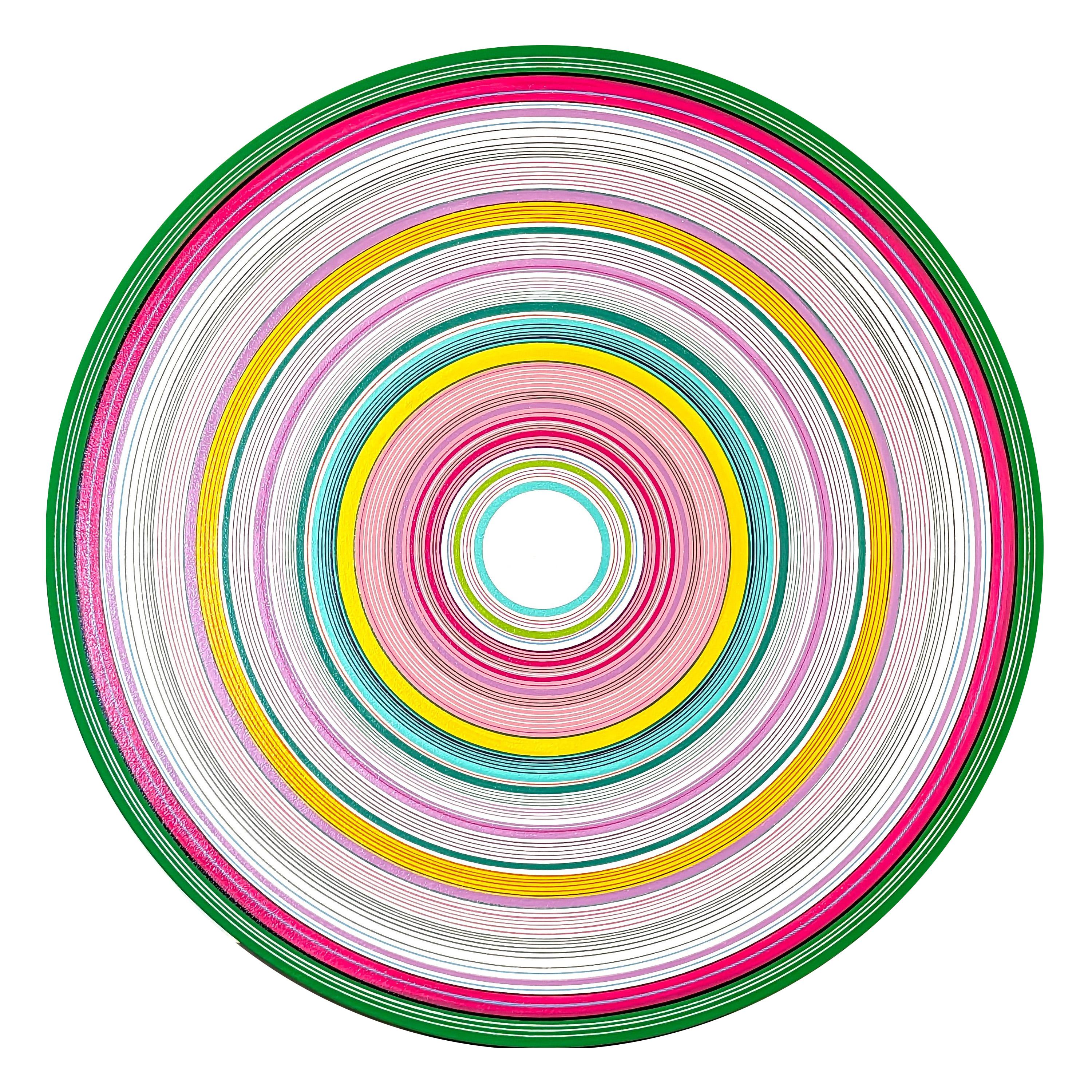 David Hardaker Abstract Painting - “OH!” Contemporary Green, Pink, and Yellow Concentric Circle Painting