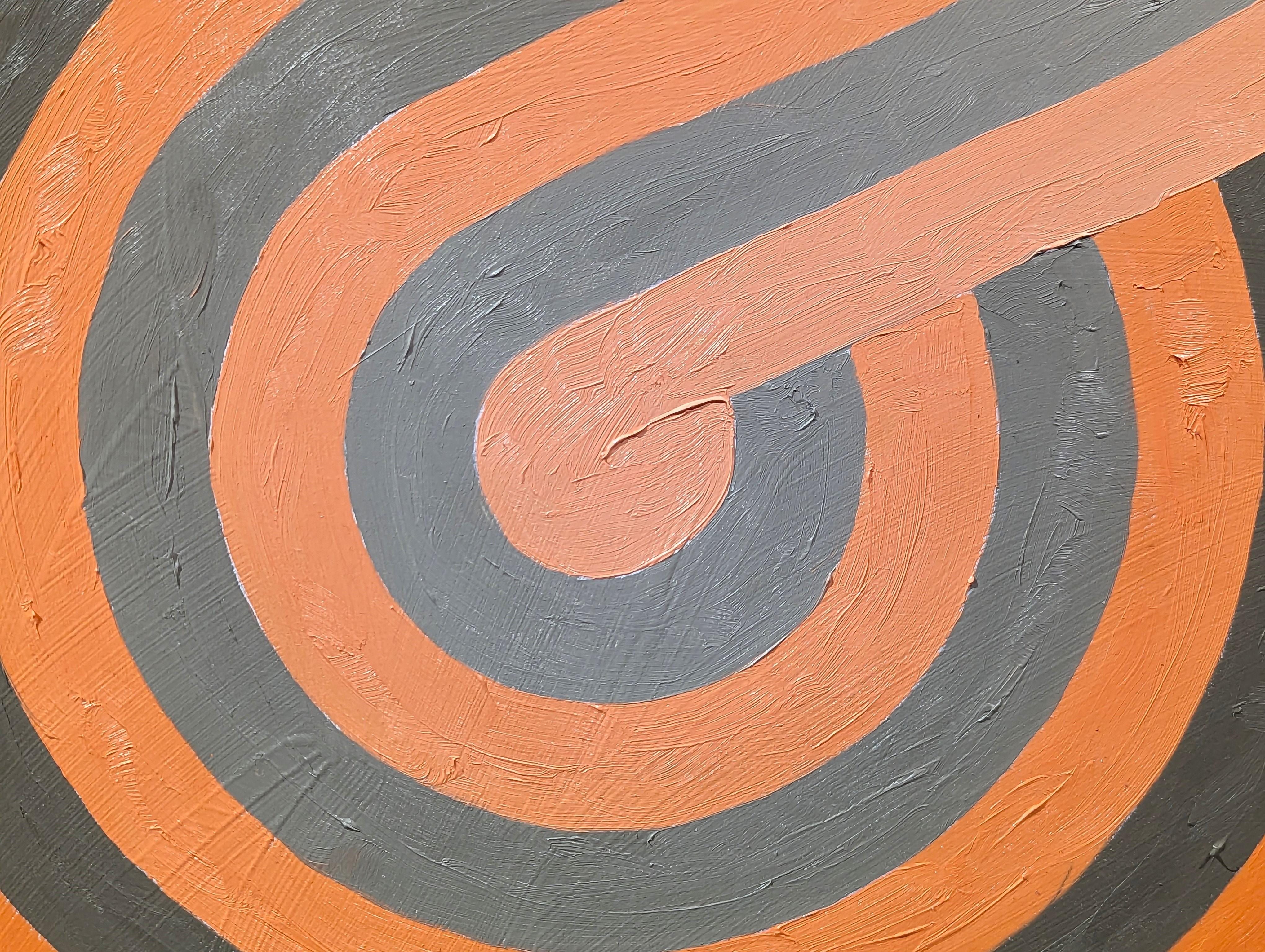 Pintura abstracta contemporánea con formas naranjas y grises del artista David Hardaker de Houston, TX. Firmado, titulado y fechado por el artista en el reverso. 

Declaración del artista: La obra es una respuesta a la música.

La aplicación de la