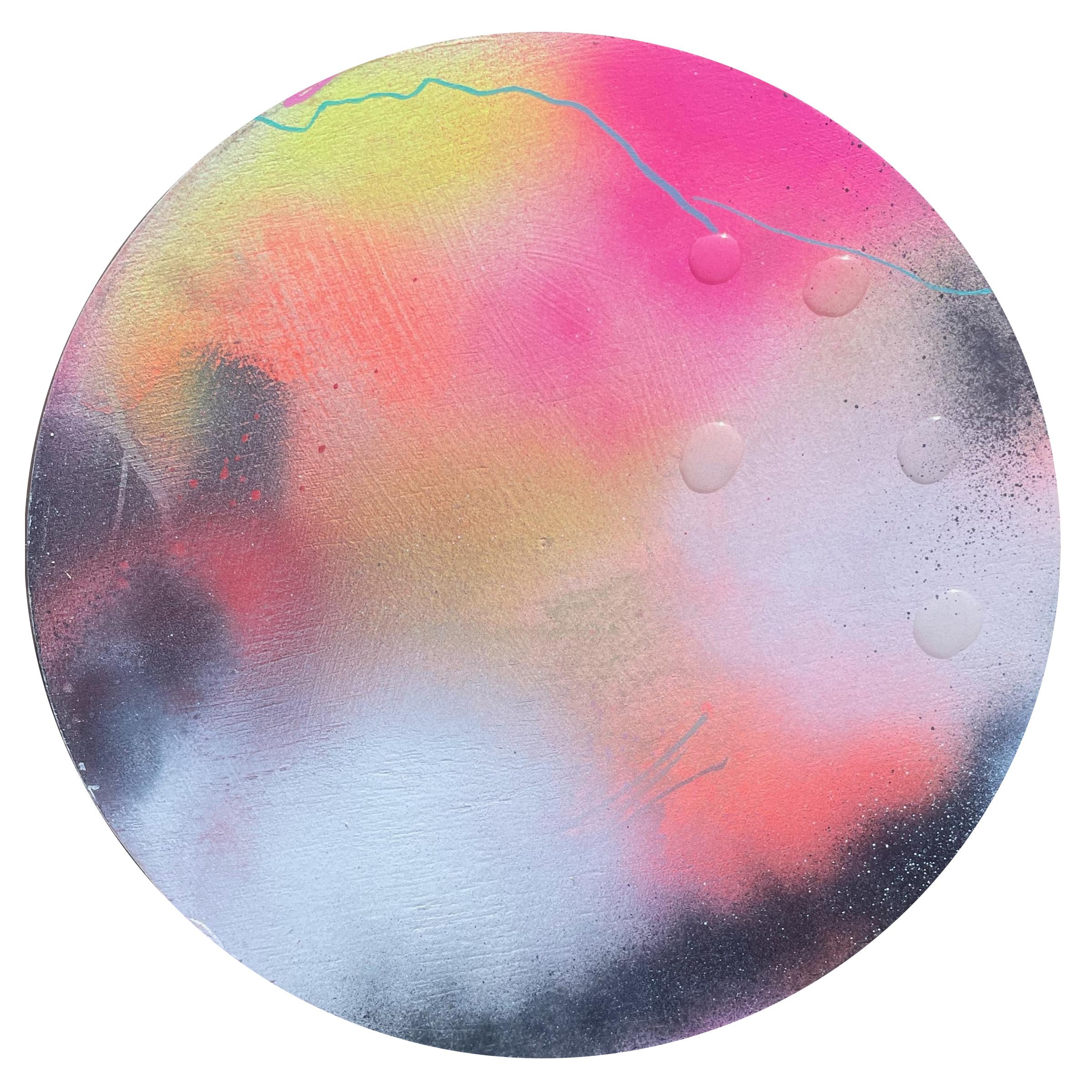"Pearly Dewdrops 1" Peinture abstraite contemporaine colorée de forme circulaire