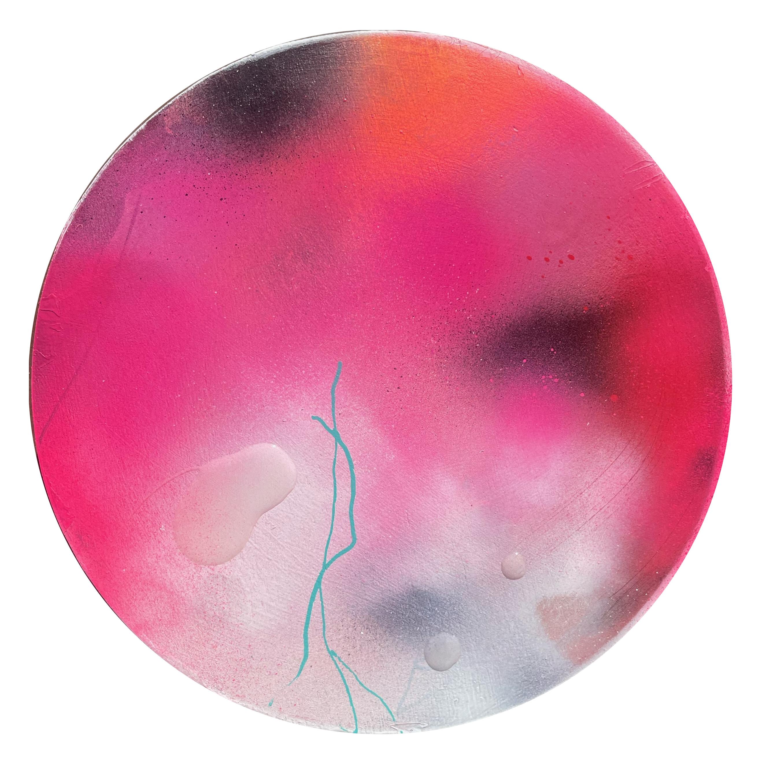 "Perlende Tautropfen 3" Zeitgenössische farbenfrohe abstrakte kreisförmige Malerei – Mixed Media Art von David Hardaker