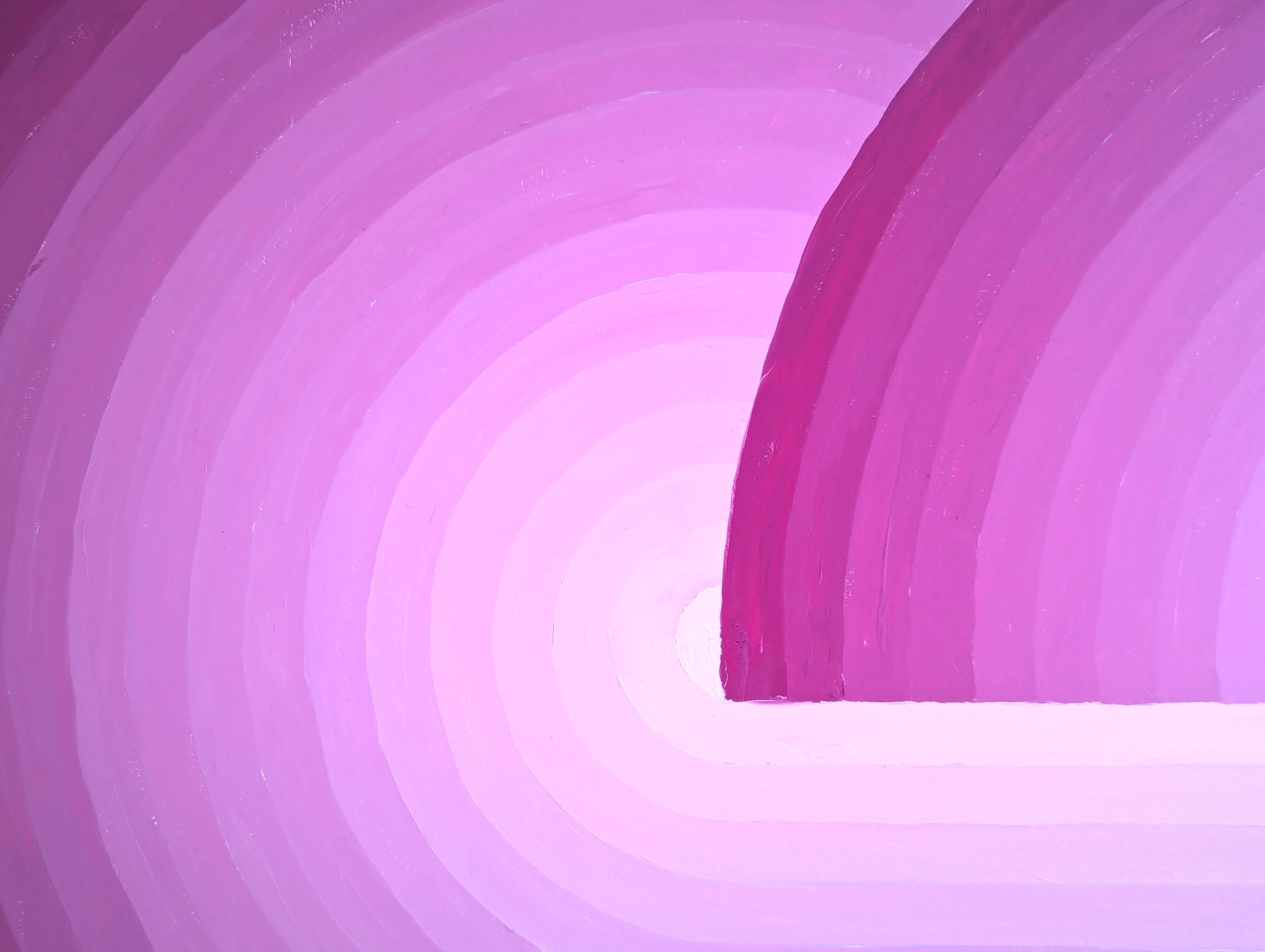 Magenta and white abstract contemporary concentric shaped painting by Houston, TX artist David Hardaker. Signed, titled, and dated by the artist on the reverse.

Artist Statement: The work is a response to music.

The application of texture and the