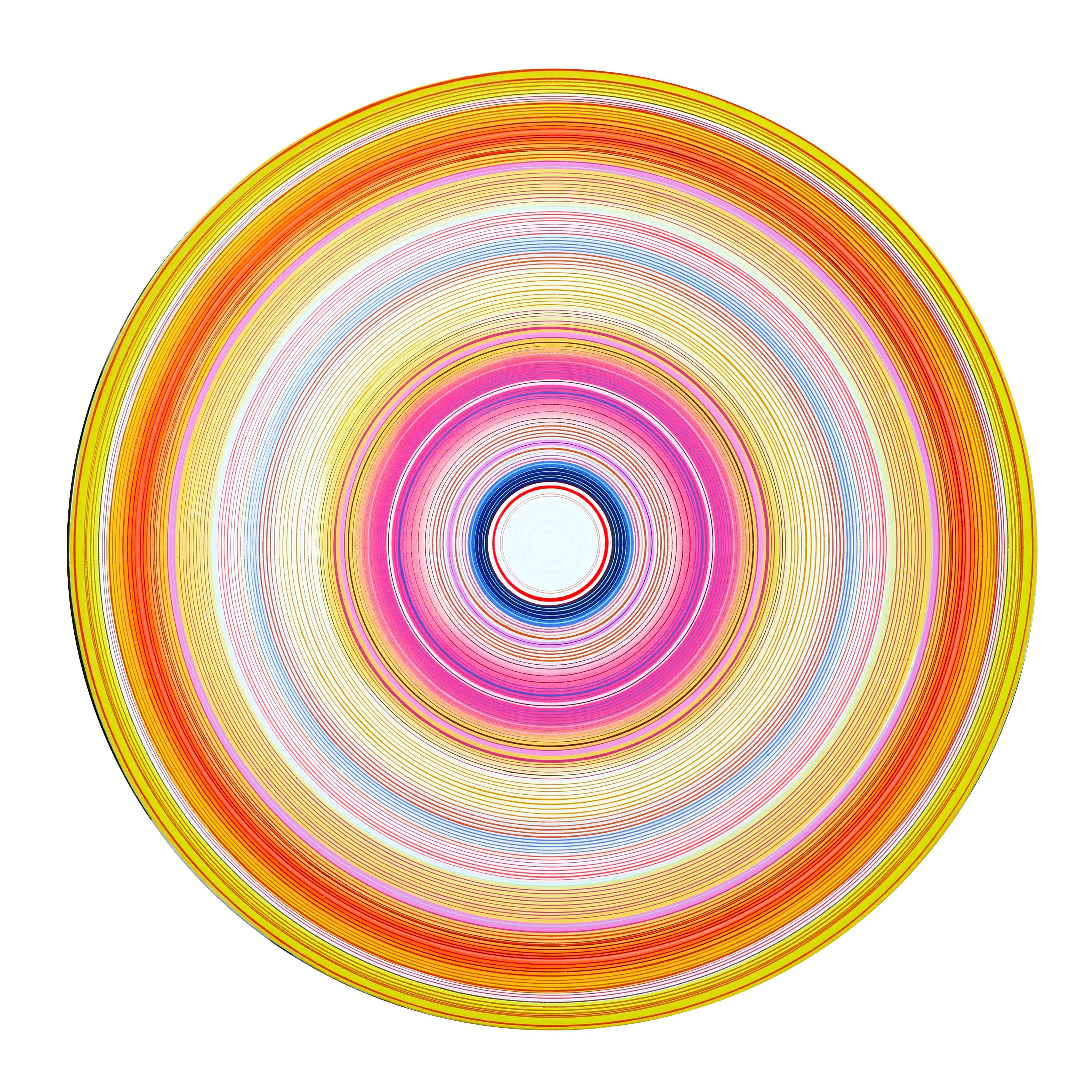“Sorcerer” Contemporary Abstract Pink and Yellow Concentric Circle Painting - Mixed Media Art by David Hardaker
