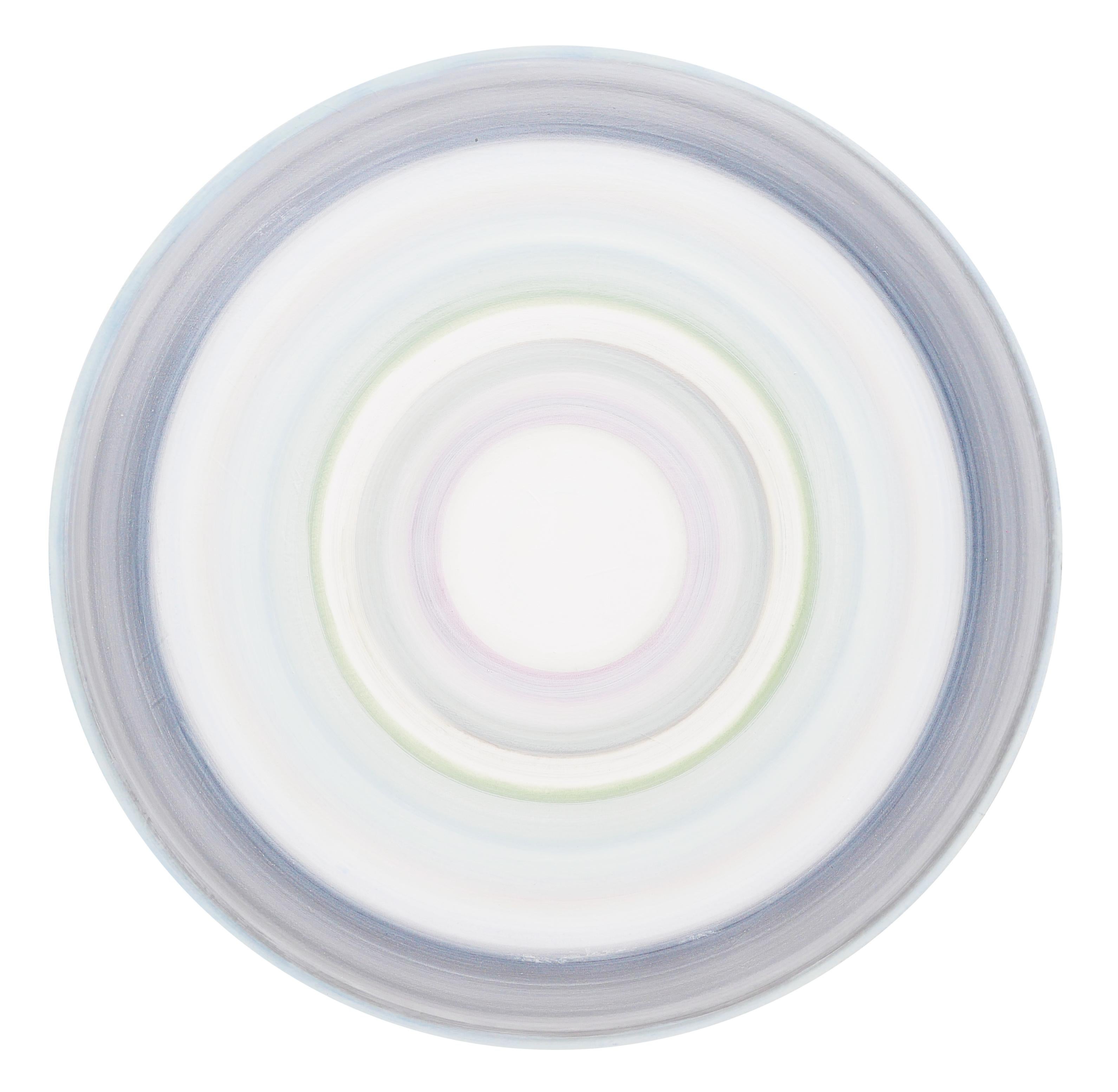 Pastel-toned abstract contemporary circular painting by Houston, TX artist, David Hardaker. This painting features various rings of pastel green, blue, and purple. Signed and titled by the artist at the back. Unframed but framing options are