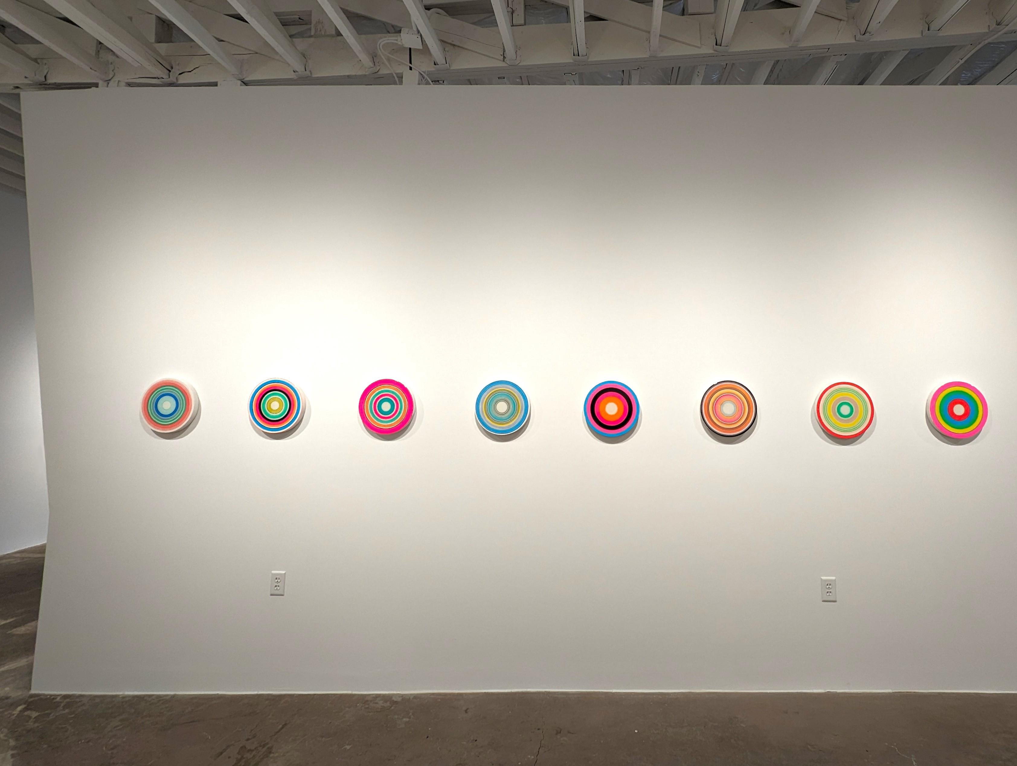 Colorful abstract contemporary circular painting by Houston, TX artist David Hardaker. Signed, titled, and dated by the artist on the reverse. Currently on view in 