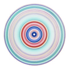 "STYLO" Blue, Pink, Peach, and Green Circular Painting w/ a Bright Yellow Lining