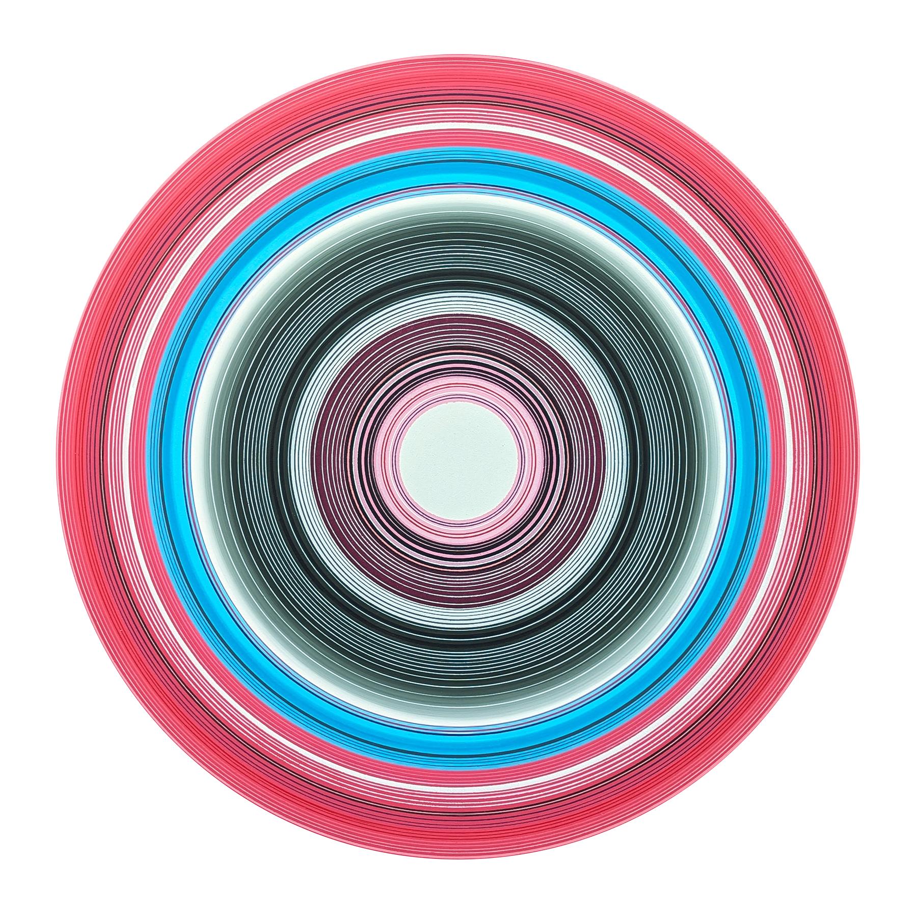 Abstract Painting di David Hardaker - "The Lotts" Quadro contemporaneo a cerchi concentrici rosa, blu e grigio