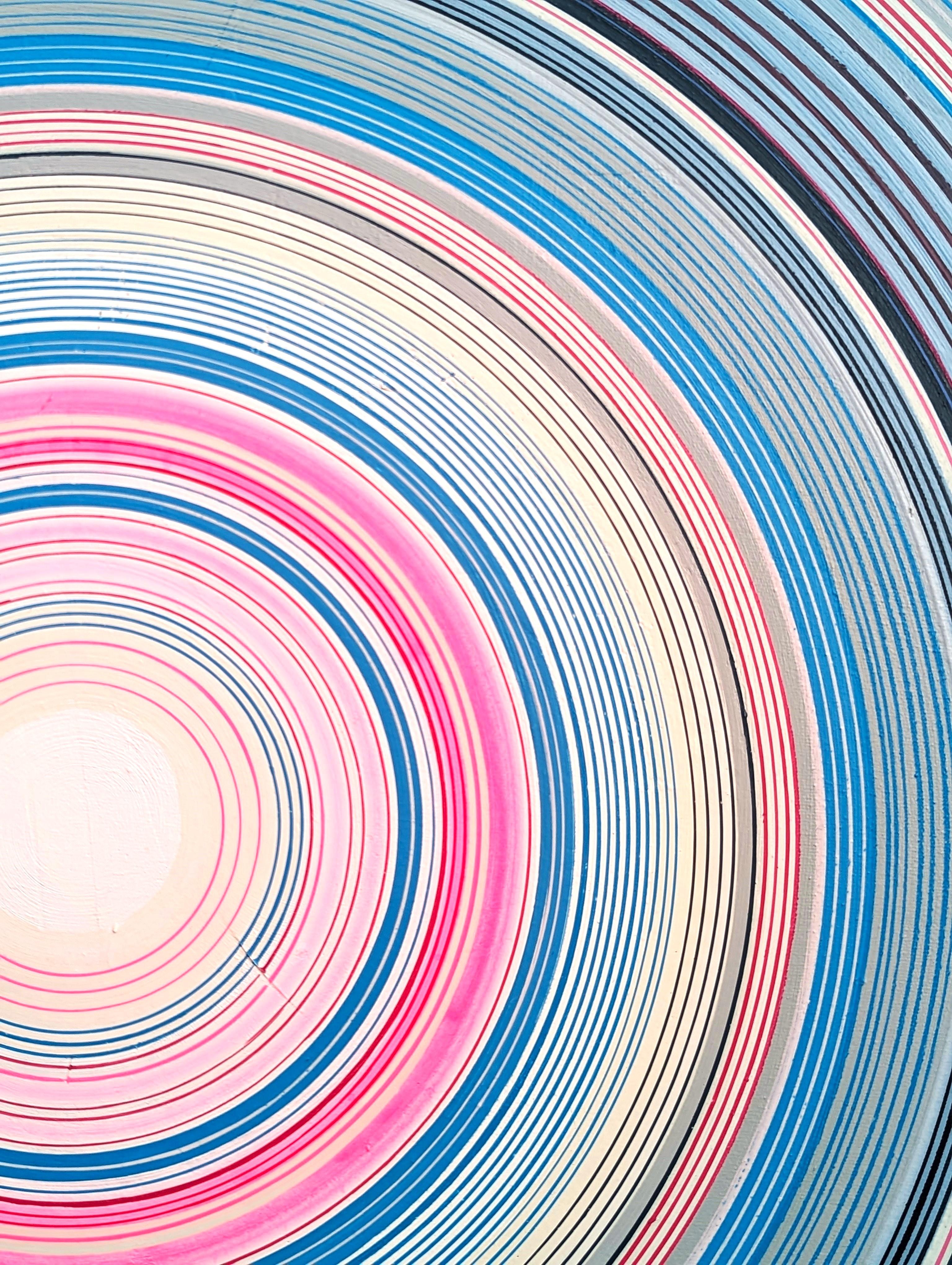Blaues, rosafarbenes und weißes abstraktes zeitgenössisches Rundgemälde des Künstlers David Hardaker aus Houston, TX. Rückseitig vom Künstler signiert, betitelt und datiert. 

Erklärung des Künstlers: Das Werk ist eine Antwort auf Musik.

Das