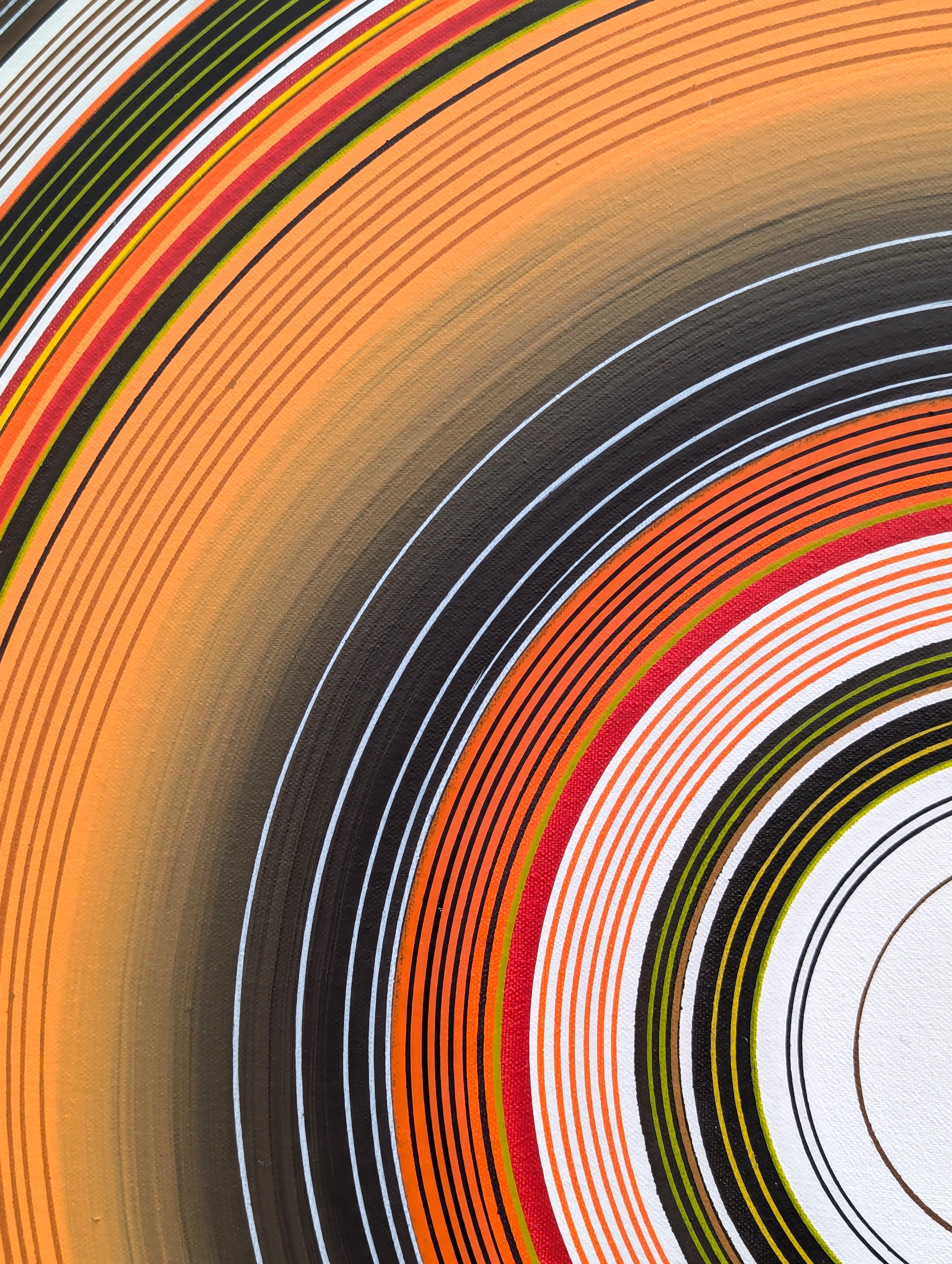 Peinture circulaire contemporaine abstraite orange et verte de l'artiste David Hardaker de Houston, TX. Signé, titré et daté par l'artiste au verso. 

Déclaration de l'artiste : L'œuvre est une réponse à la musique.

L'application de la texture et
