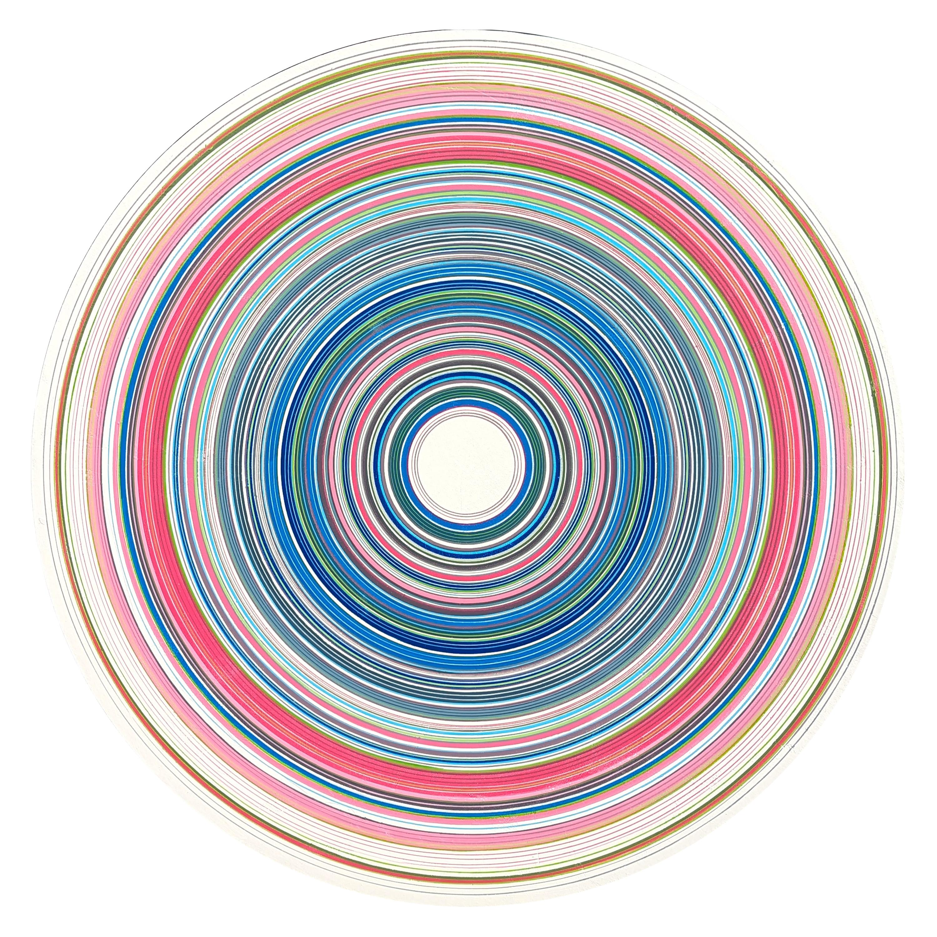 "ZAP" Contemporary Abstract Colorful Pink & Blue Concentric Circle Painting – Mixed Media Art von David Hardaker