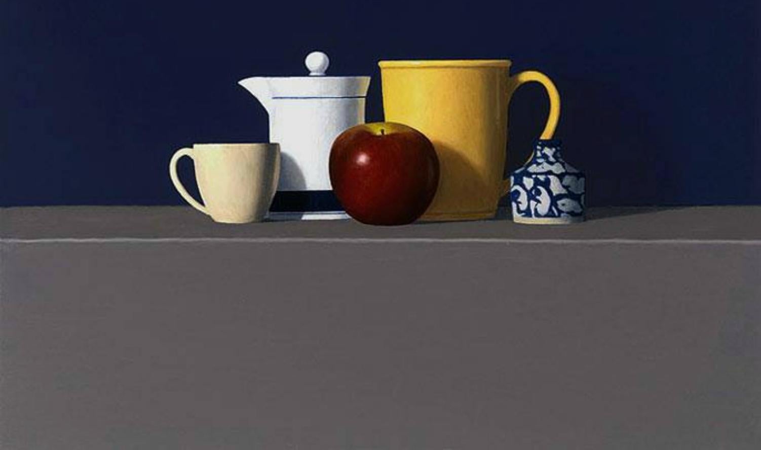  Pomme rouge avec quatre objets, huile, réalisme américain, 36 x 36, expédition réduite - Réalisme Painting par David Harrison
