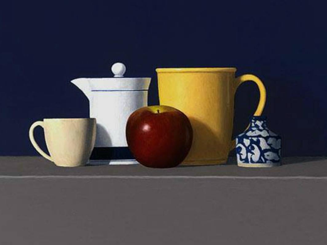  Pomme rouge avec quatre objets, huile, réalisme américain, 36 x 36, expédition réduite en vente 1