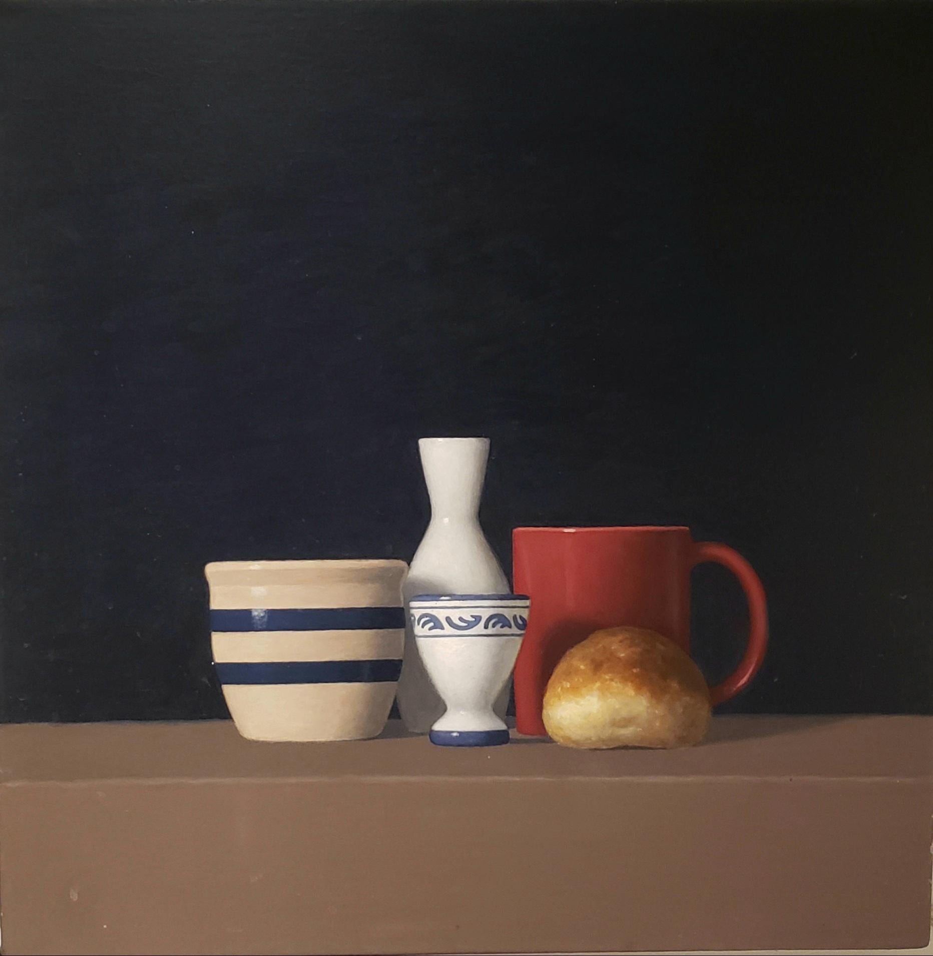 Roll w/ Four Objects , oil painting, American Realism, Realist Painter, 24x24 - Painting by David Harrison