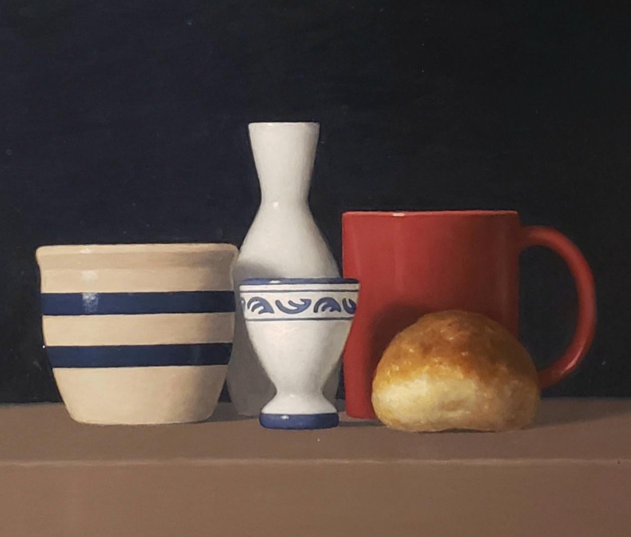 Roll with Four Objects, Oil Painting, Realism, 24 x 24 , Free Shipping , Realist - Black Still-Life Painting by David Harrison
