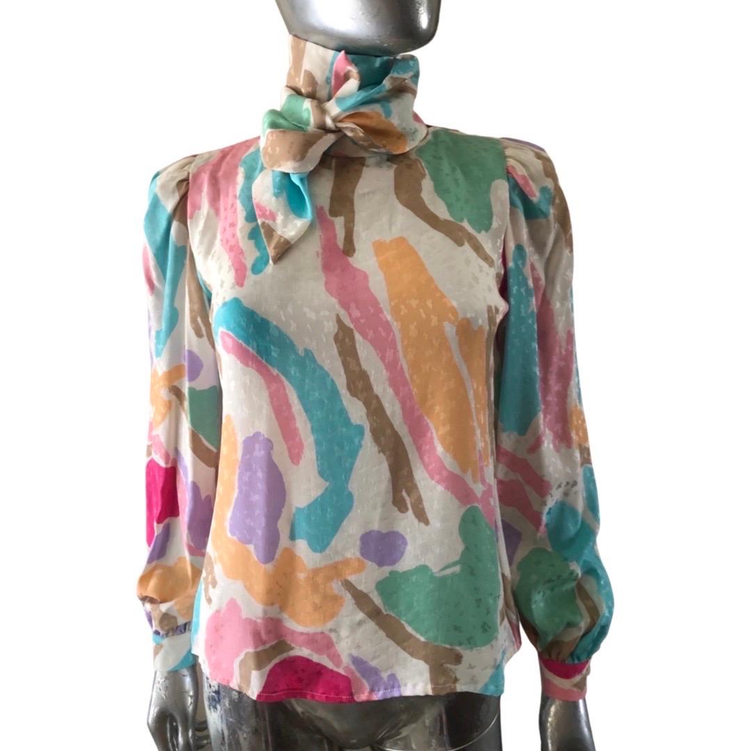 Brown David Hayes Bright Floral Silk Print Blouse with Scarf Size 4  For Sale