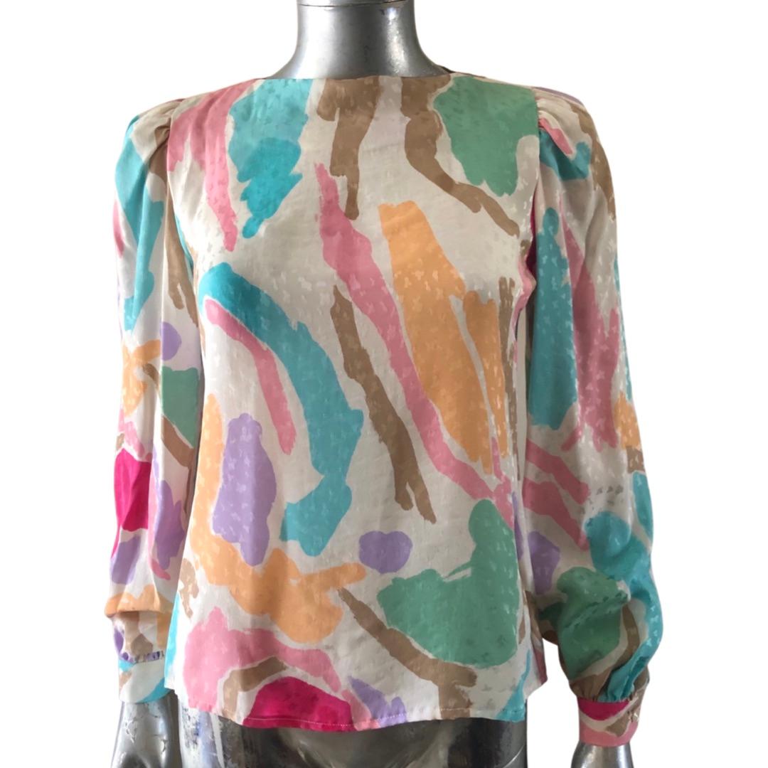 David Hayes Bright Floral Silk Print Blouse with Scarf Size 4  For Sale 4