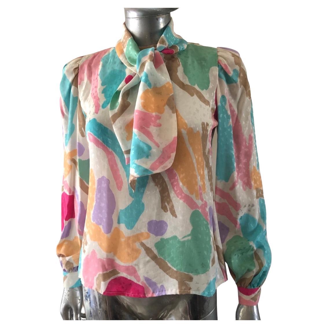 David Hayes Bright Floral Silk Print Blouse with Scarf Size 4  For Sale