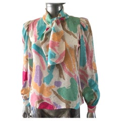 Retro David Hayes Bright Floral Silk Print Blouse with Scarf Size 4 