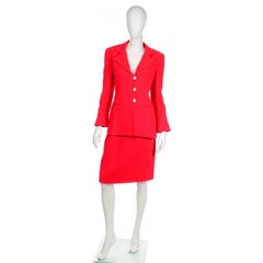 David Hayes Tomato Red Jacket & Skirt Suit w Rhinestone Buttons & Flared Sleeves