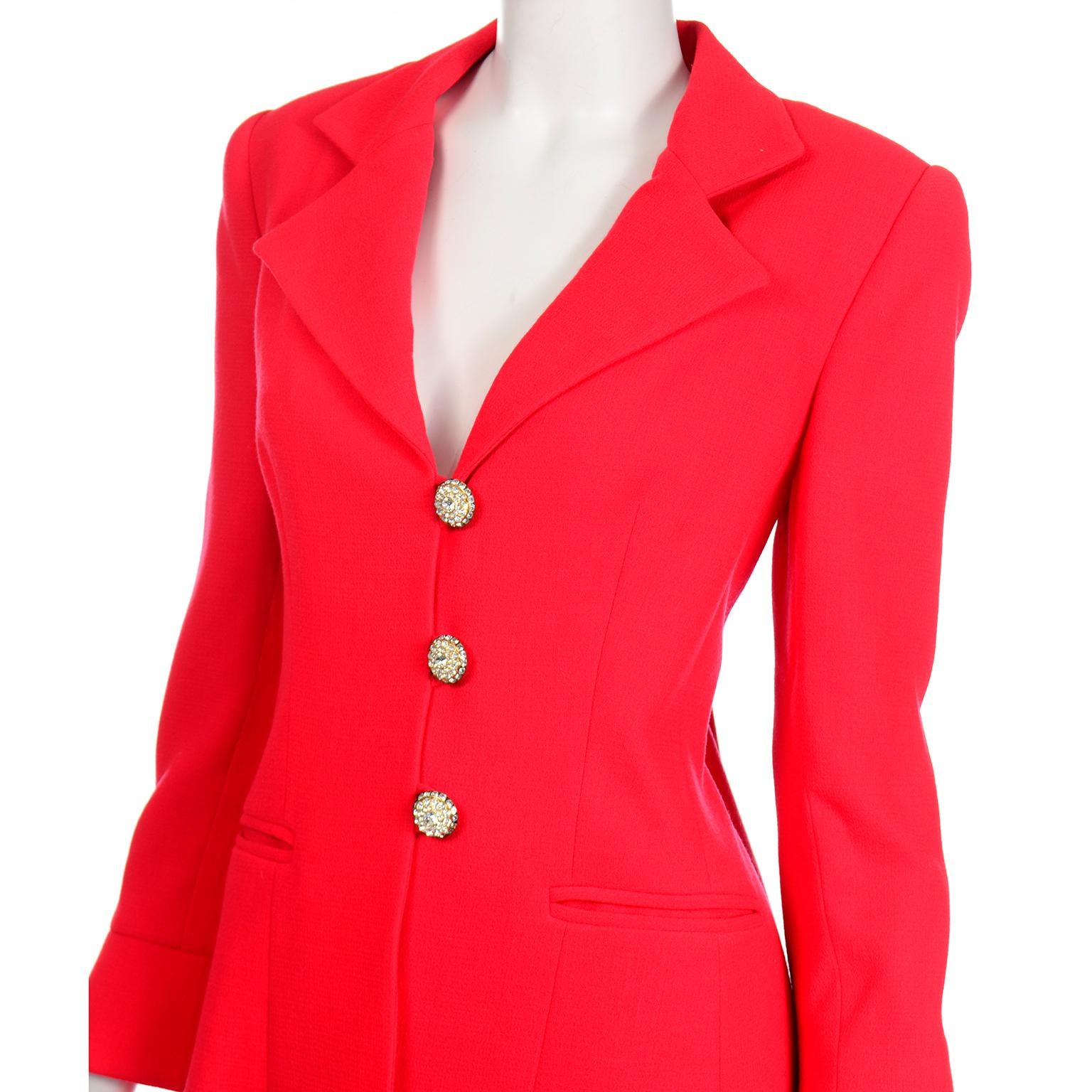 David Hayes Tomato Red Jacket & Skirt Suit w Rhinestone Buttons & Flared Sleeves In Excellent Condition For Sale In Portland, OR