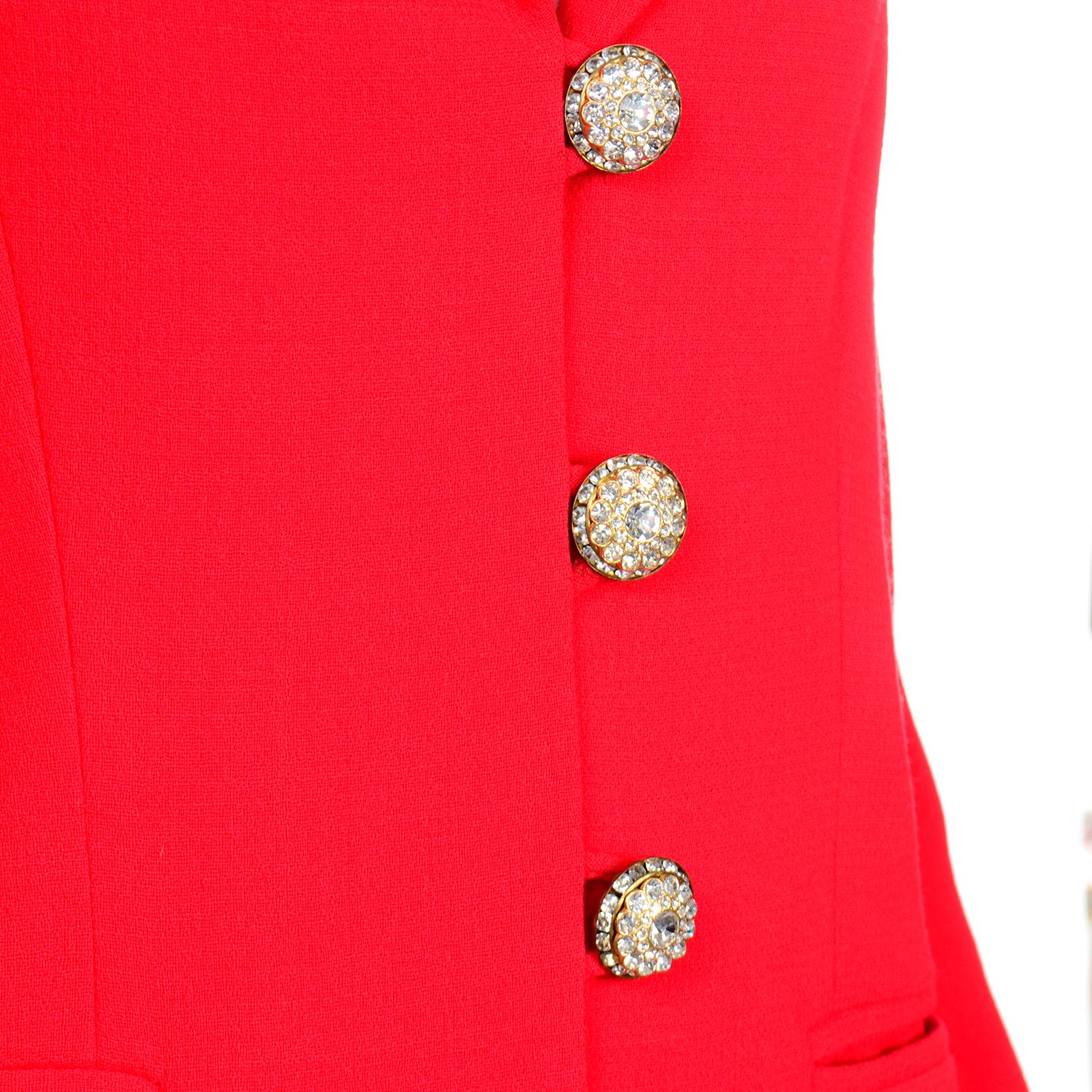 Women's David Hayes Tomato Red Jacket & Skirt Suit w Rhinestone Buttons & Flared Sleeves For Sale