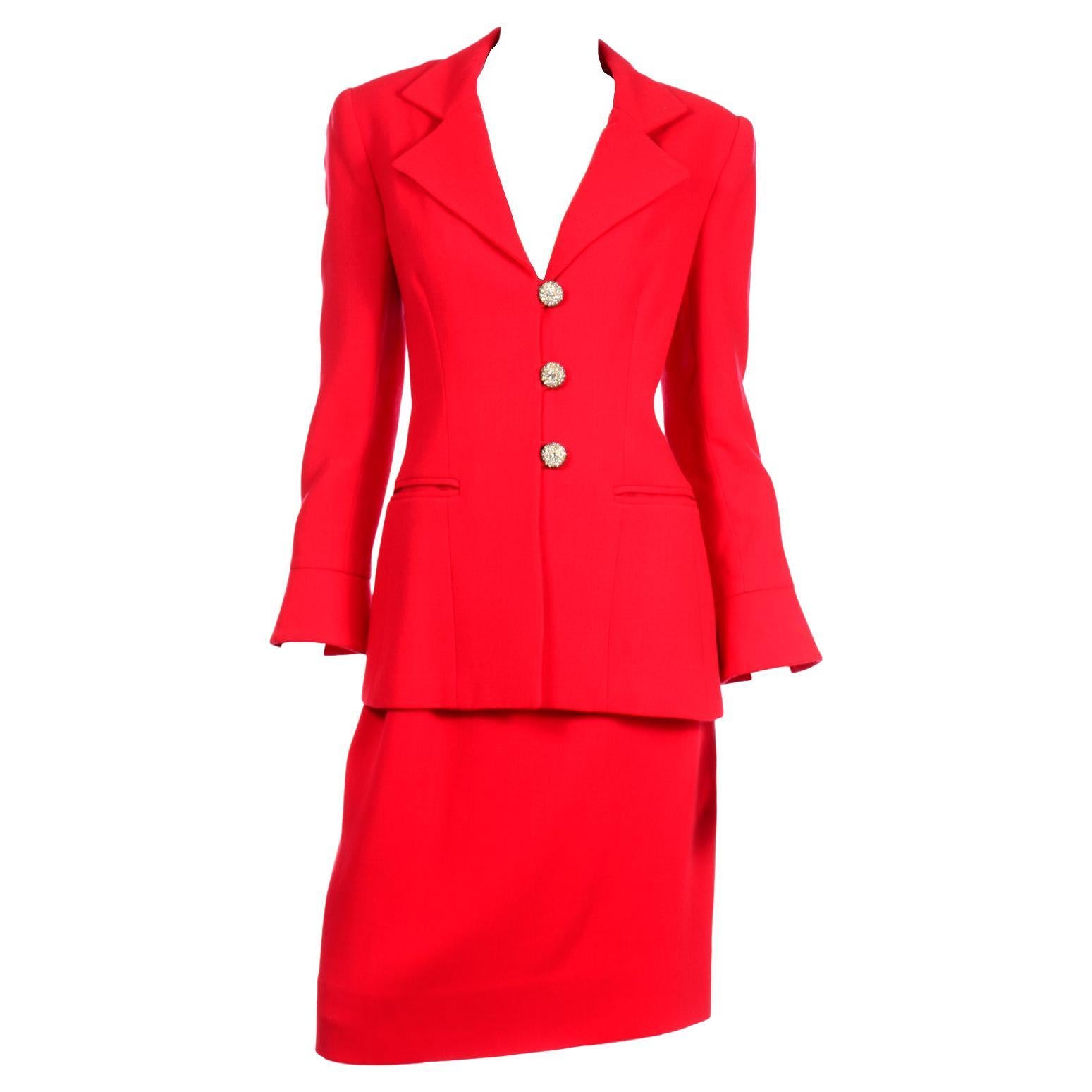 David Hayes Tomato Red Jacket & Skirt Suit w Rhinestone Buttons & Flared Sleeves For Sale