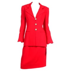 David Hayes Tomato Red Jacket & Skirt Suit w Rhinestone Buttons & Flared Sleeves