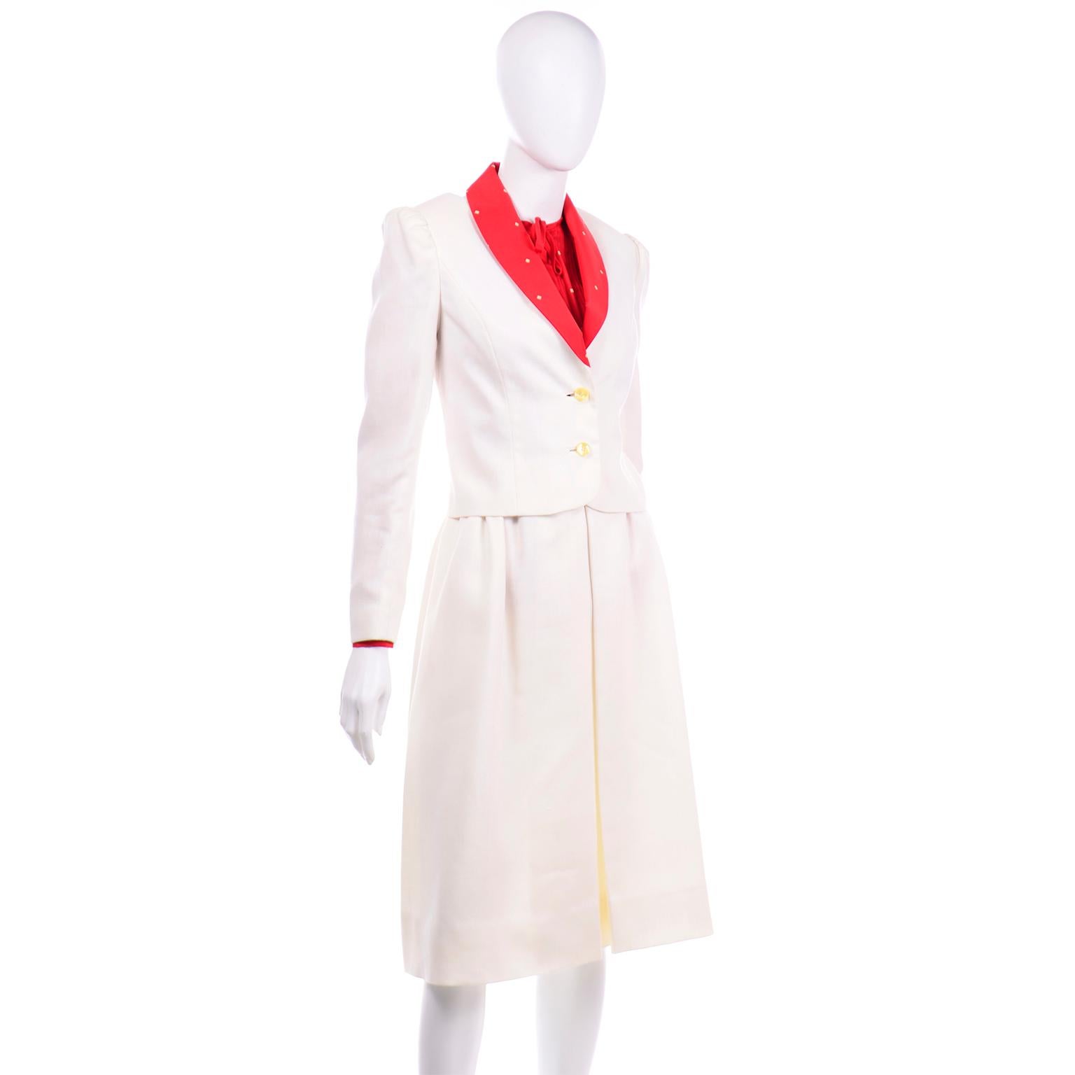 Gray David Hayes Vintage Ivory Linen Skirt and Jacket Suit w Red & Yellow Silk Blouse For Sale