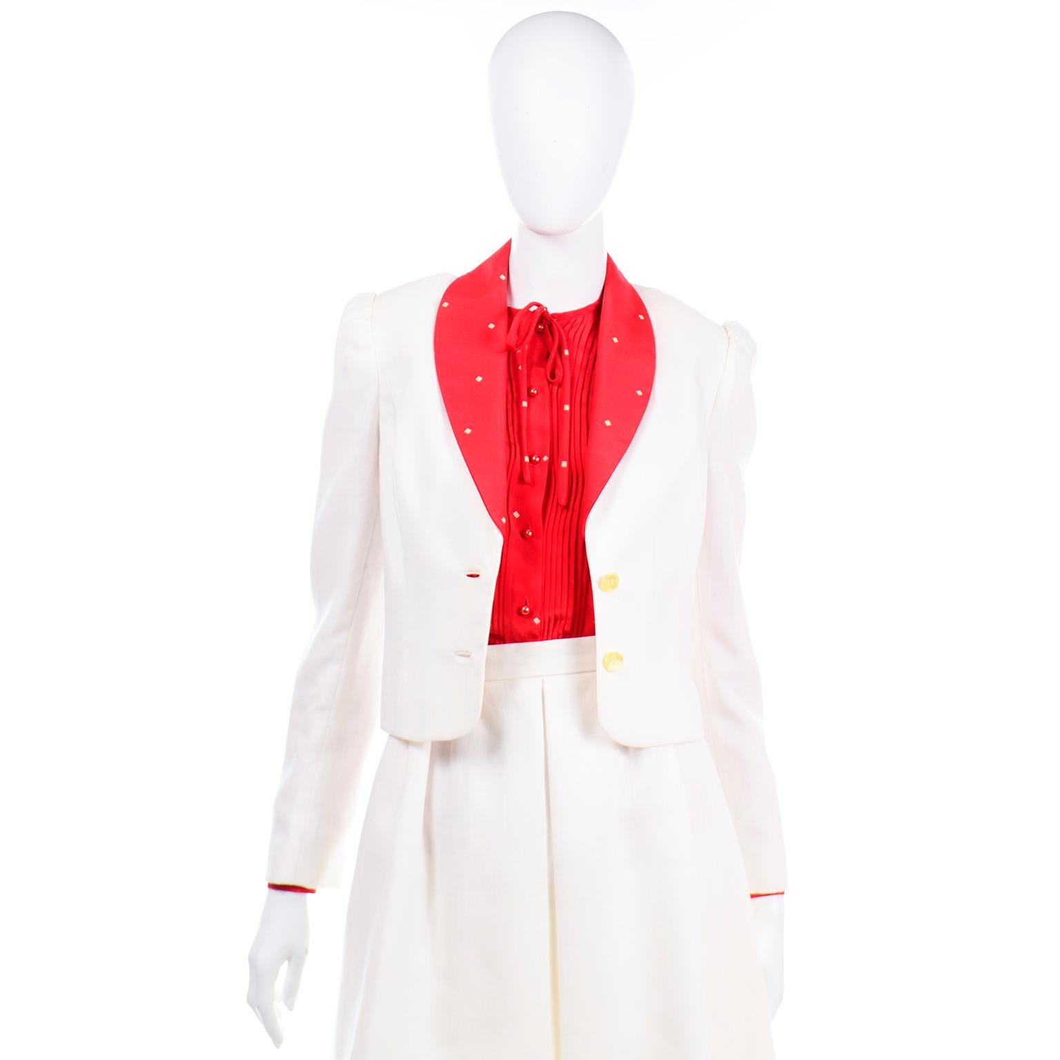 David Hayes Vintage Ivory Linen Skirt and Jacket Suit w Red & Yellow Silk Blouse For Sale 1