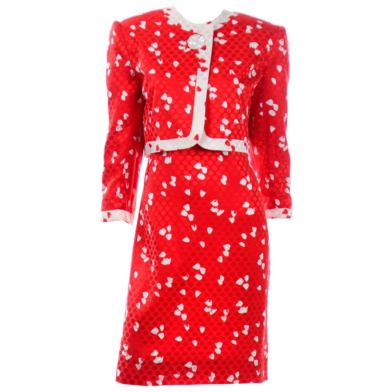 David Hayes Vintage Red & White Silk Abstract Print Dress & Cropped Jacket Suit