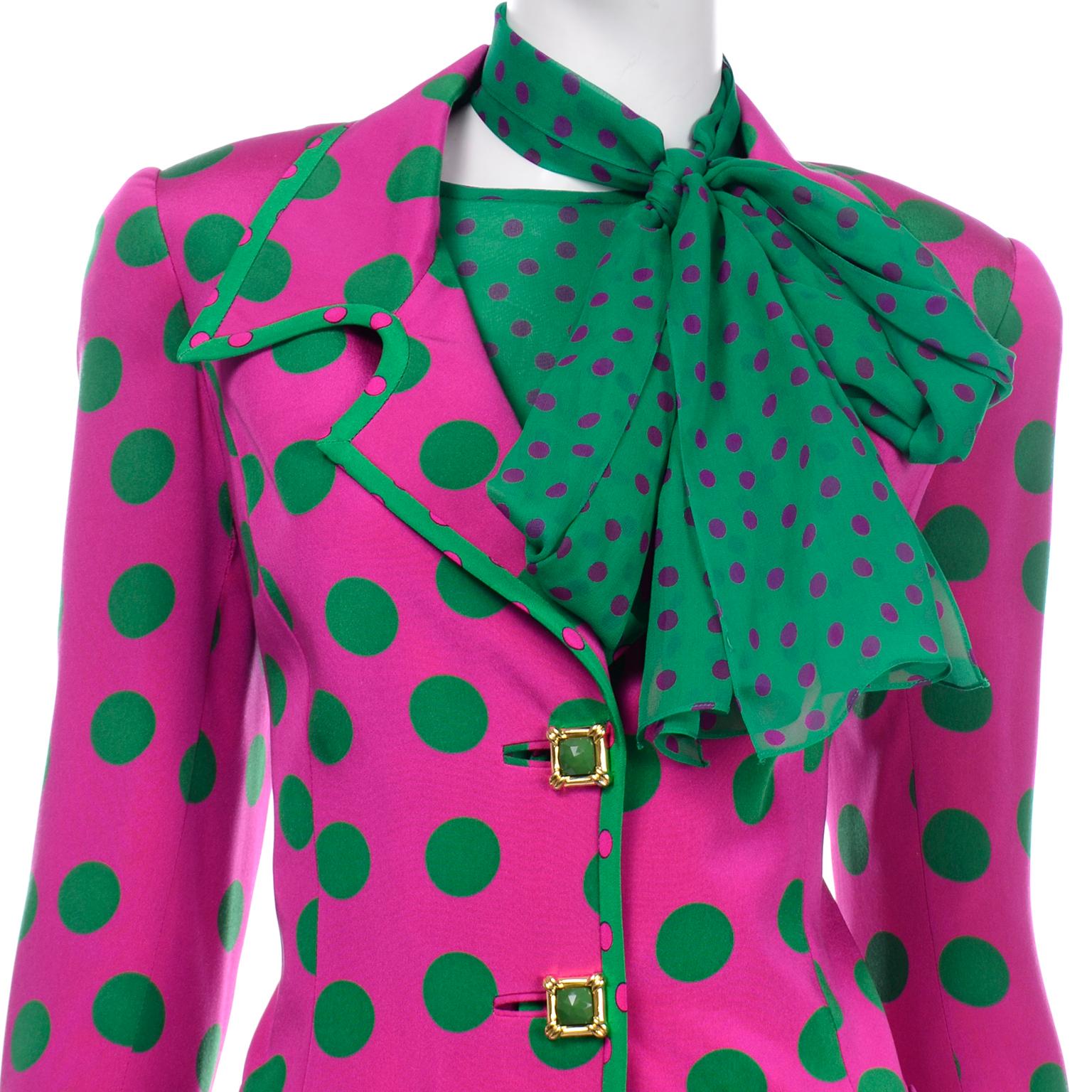 David Hayes Vintage Silk Pink & Green Polka Dot Skirt Jacket & Blouse Suit $1670 2
