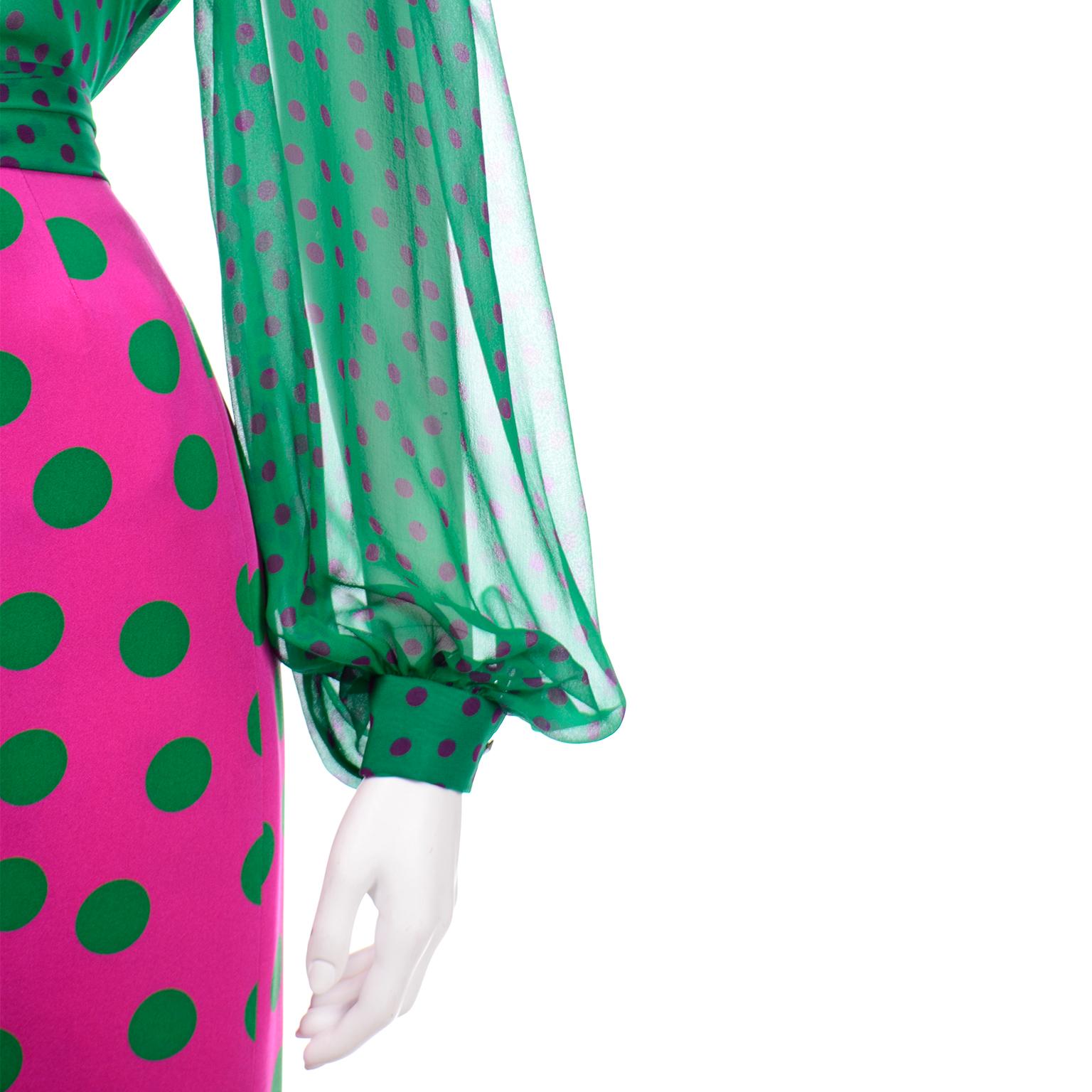 David Hayes Vintage Silk Pink & Green Polka Dot Skirt Jacket & Blouse Suit $1670 3