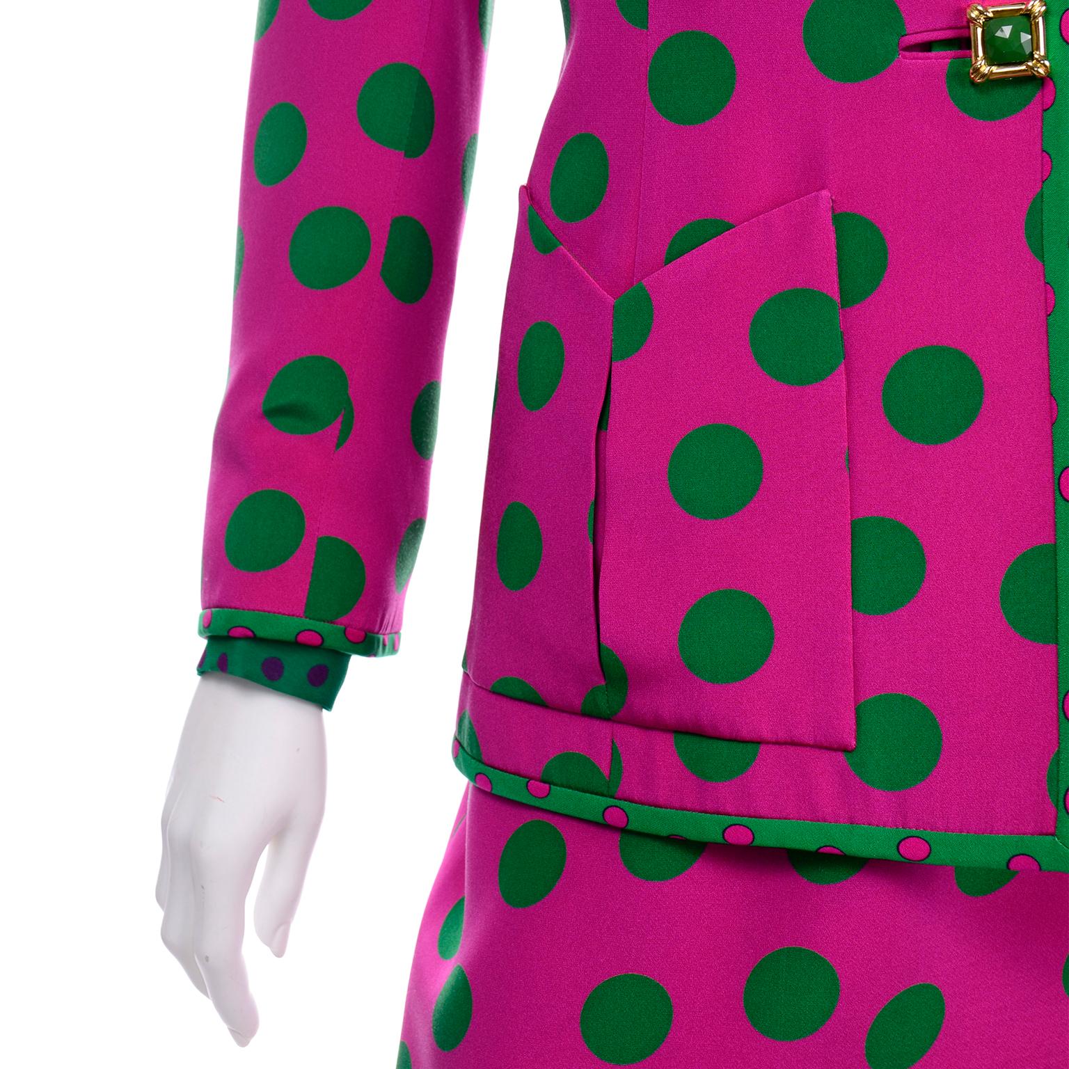 David Hayes Vintage Silk Pink & Green Polka Dot Skirt Jacket & Blouse Suit $1670 4
