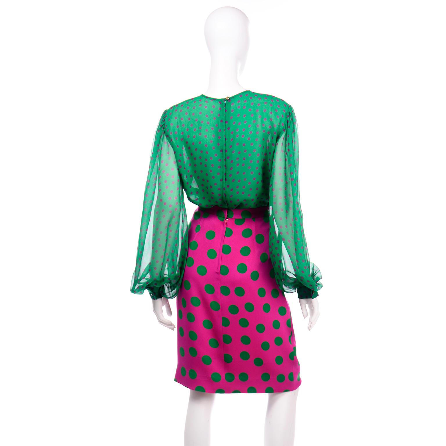 Purple David Hayes Vintage Silk Pink & Green Polka Dot Skirt Jacket & Blouse Suit $1670