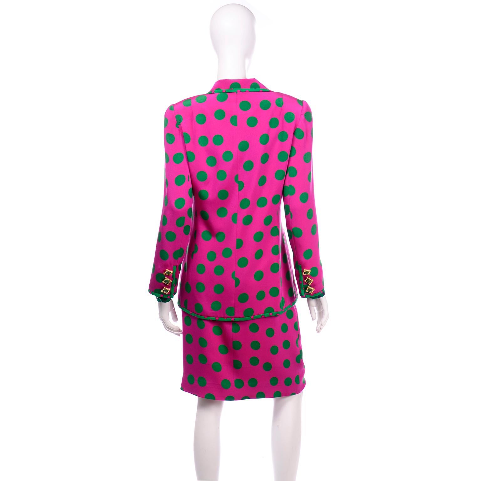 David Hayes Vintage Silk Pink & Green Polka Dot Skirt Jacket & Blouse Suit $1670 In Excellent Condition In Portland, OR